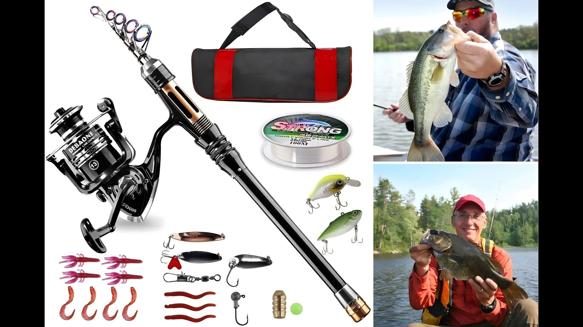 thumbnail video image 2 of Fishing Rod Kit, Carbon Fiber Telescopic Fishing Pole and Reel Combo with Spinning Reel, Line, Lure, Hooks and Carrier Bag, Fishing Gear Set for Beginner Adults Saltwater, 2 of 9