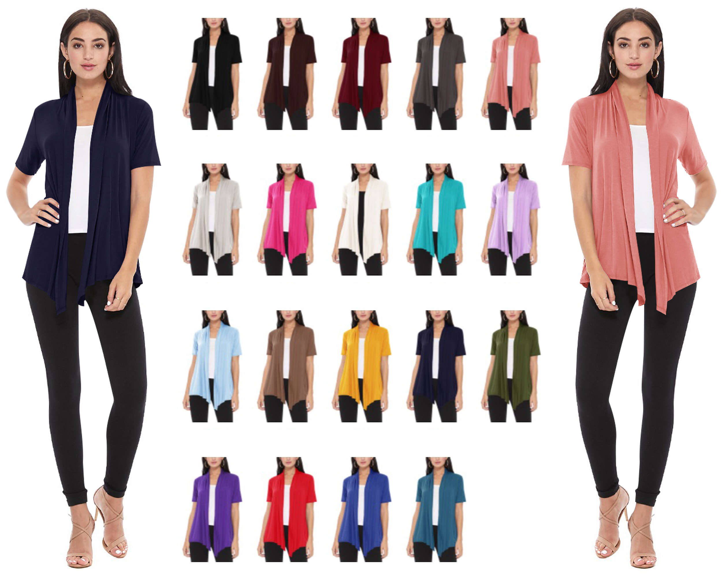 thumbnail video image 2 of Women's Loose Fit Short Sleeve Draped Open Front Office Wear Solid Cardigan, 2 of 6