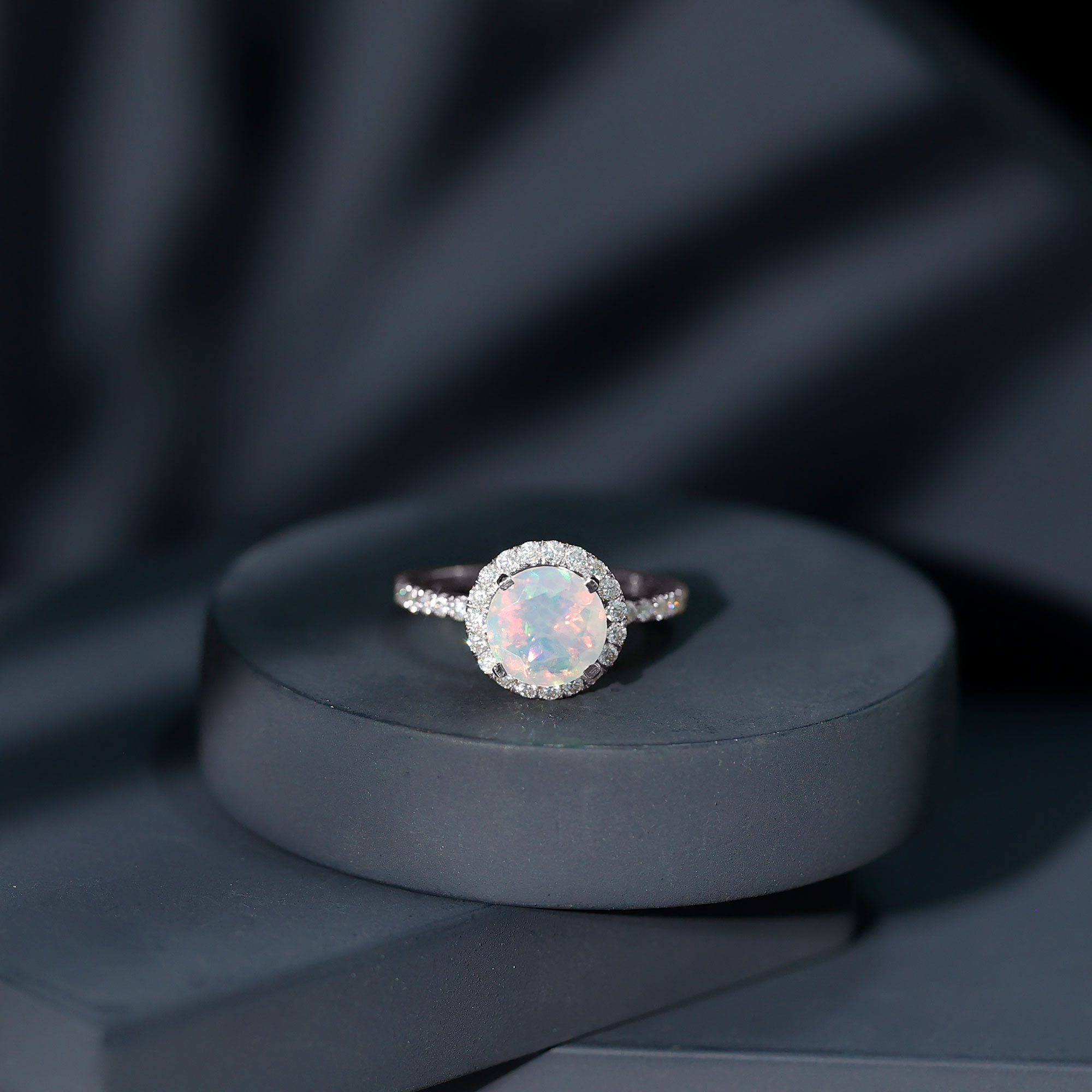 thumbnail video image 2 of Rosec Jewels Classic Ethiopian Opal Ring with Moissanite Halo (8 mm) - Engagement Ring, 14K White Gold, US 13.00, 2 of 9