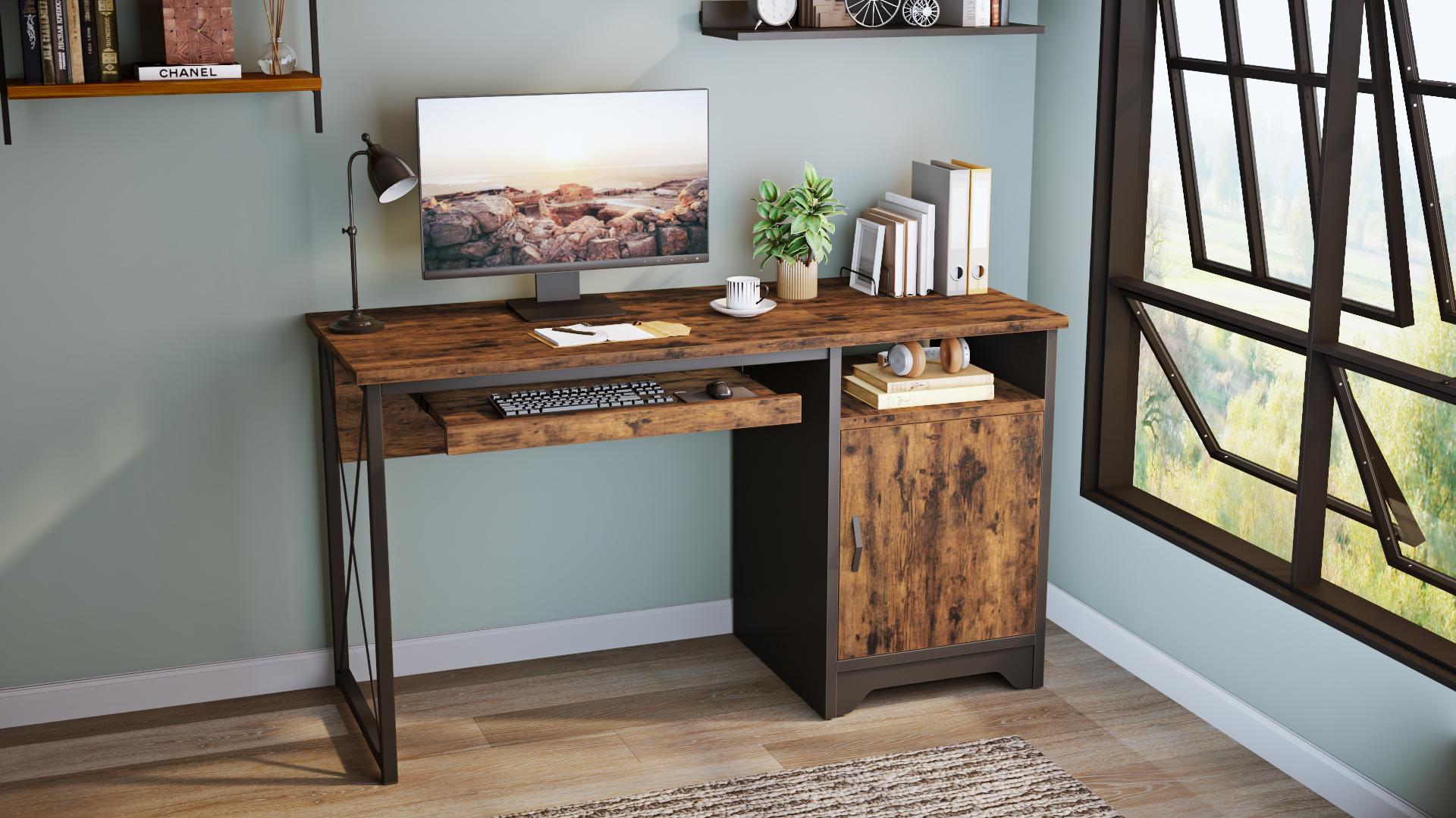 thumbnail video image 2 of Bestier 47" Computer Desk Reversible Home Office Desk Executive PC Table with Keyboard Tray and Storage Cabinet, Rustic Brown, 2 of 16