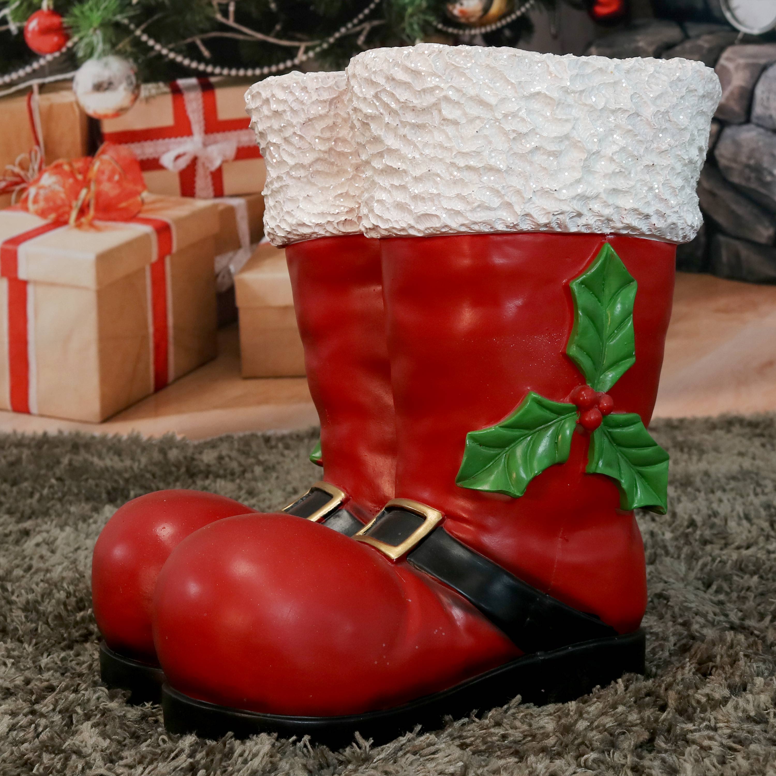 thumbnail video image 2 of Sunnydaze 13 in Polyresin Santa Boots Christmas Decor Statue, 2 of 15