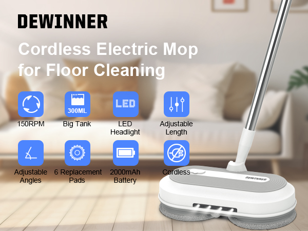 thumbnail video image 2 of DEWINNER Cordless Electric Mop for Floor Cleaning with Water Sprayer & LED Headlight, Dual-Motor Electric Spin Mop with 300ml Water Tank for Hardwood Floors, 2 of 11