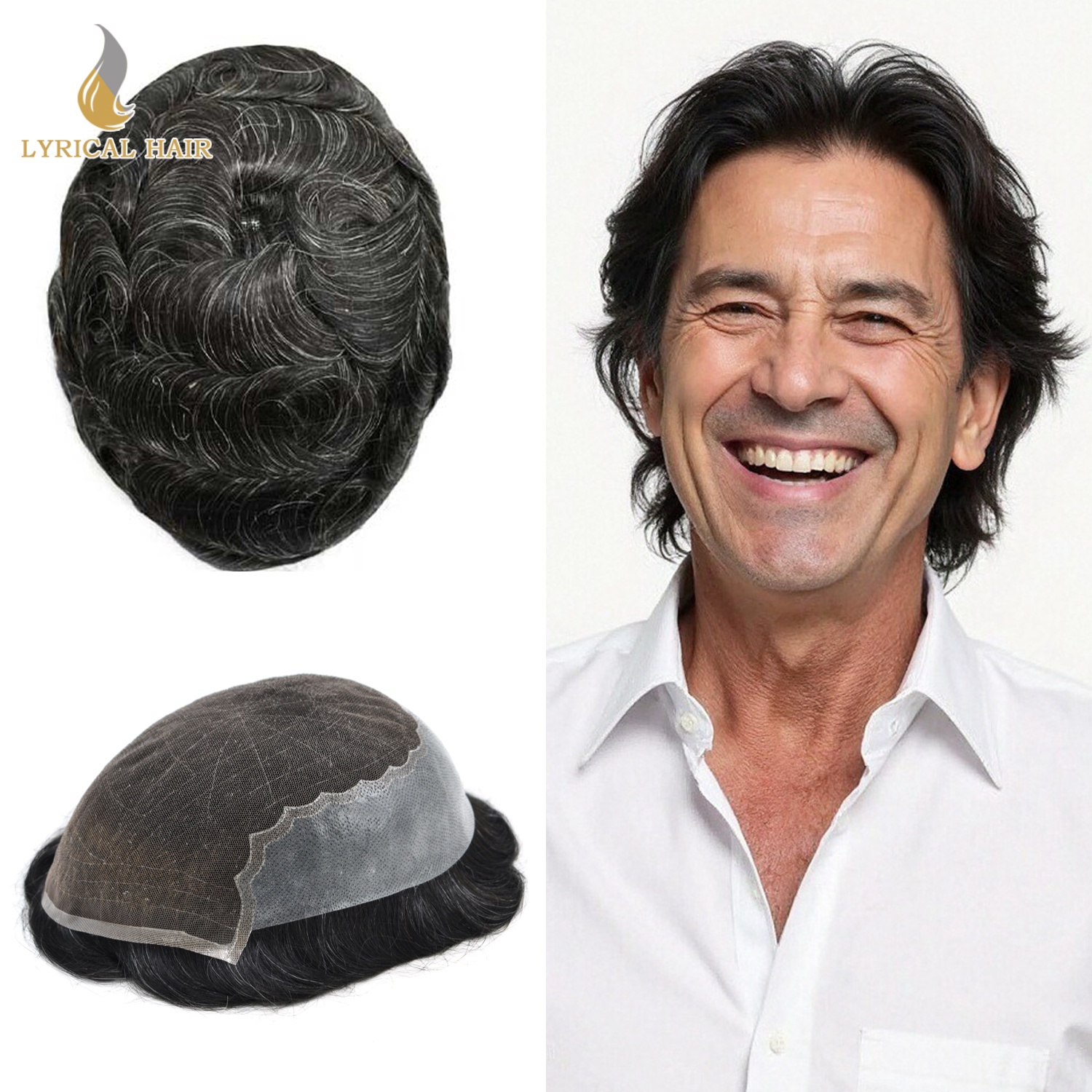 thumbnail video image 2 of Hair System for Men French Lace Man Hair Units Clear Poly Men's Toupee Hair Prosthesis 7X9 #60RY, 2 of 7