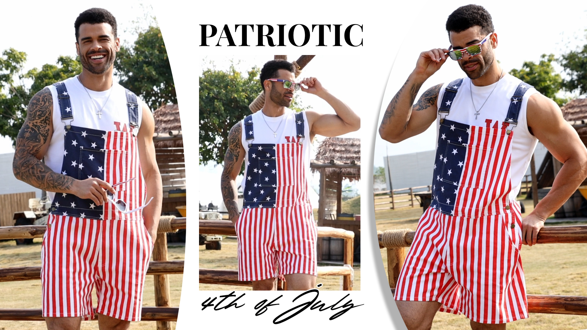 thumbnail video image 2 of 250th Anniversary Mens American Flag Overalls Shorts Jumpsuit 4th of July Bib Coveralls(Red White Blue,XL), 2 of 9