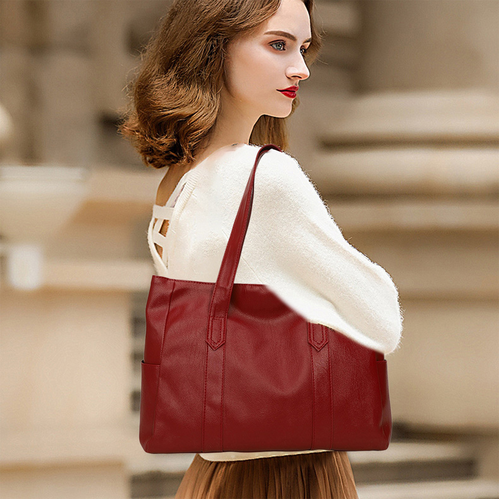 thumbnail video image 2 of Red Large-Capacity Tote Bag - Fashion Casual Women's Shoulder Bag, Multi-Functional Handbag Messenger Bag, Durable Daily Bag for Commuting Work & Shopping, 1pc, 2 of 8