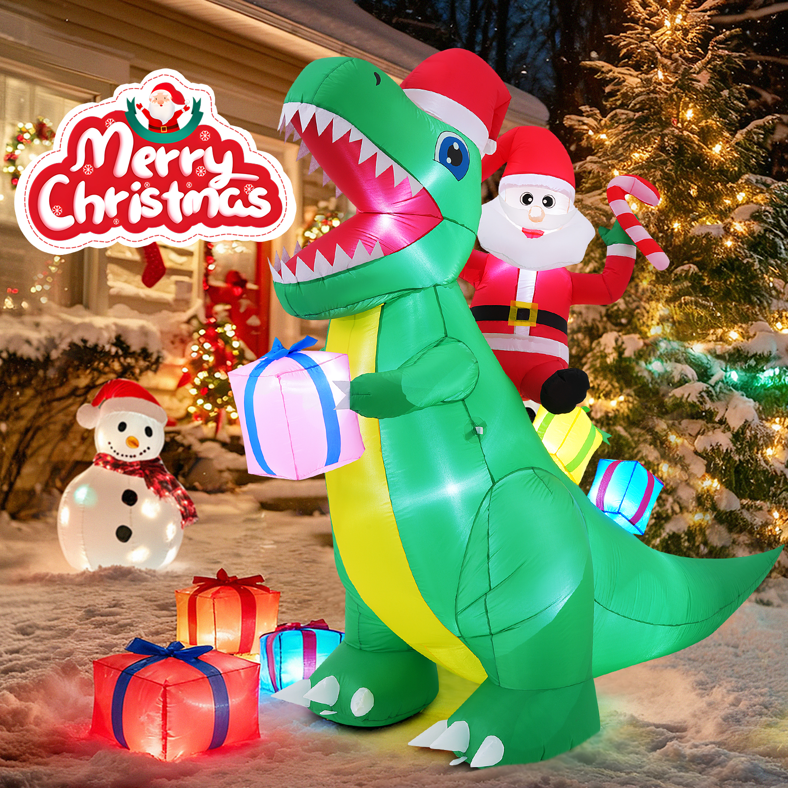 thumbnail video image 2 of Adnoom 7FT Christmas Inflatable Outdoor Decoration, Inflatable Santa Claus Decor with Dinosaur, Blow ups Decorations Outdoor with Built-in LEDs for Home Holiday Decor, 2 of 8