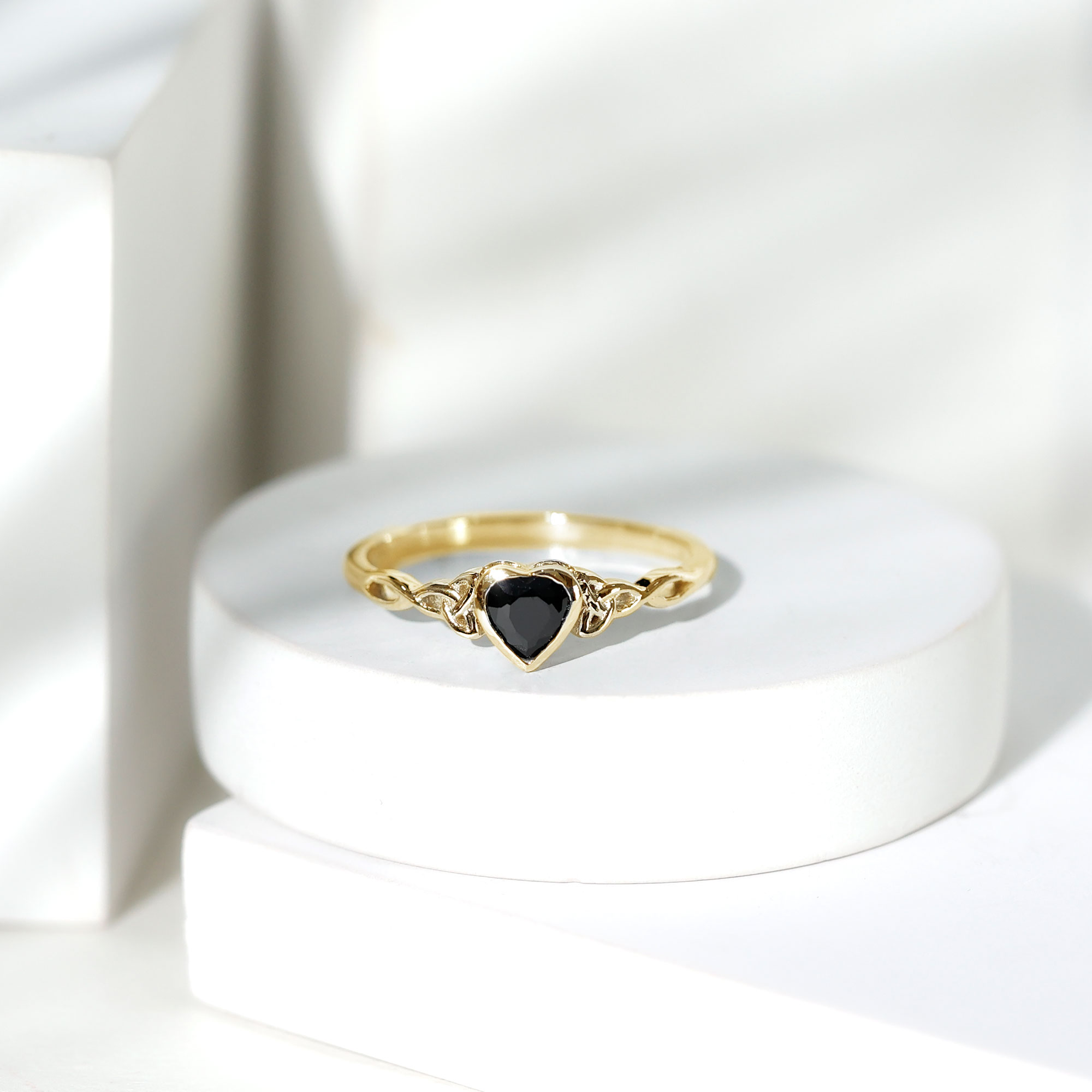 thumbnail video image 2 of Rosec Jewels 5 MM Bezel Set Heart Shape Solitaire Created Black Diamond Celtic Ring, 10K Yellow Gold, US 8.50, 2 of 8