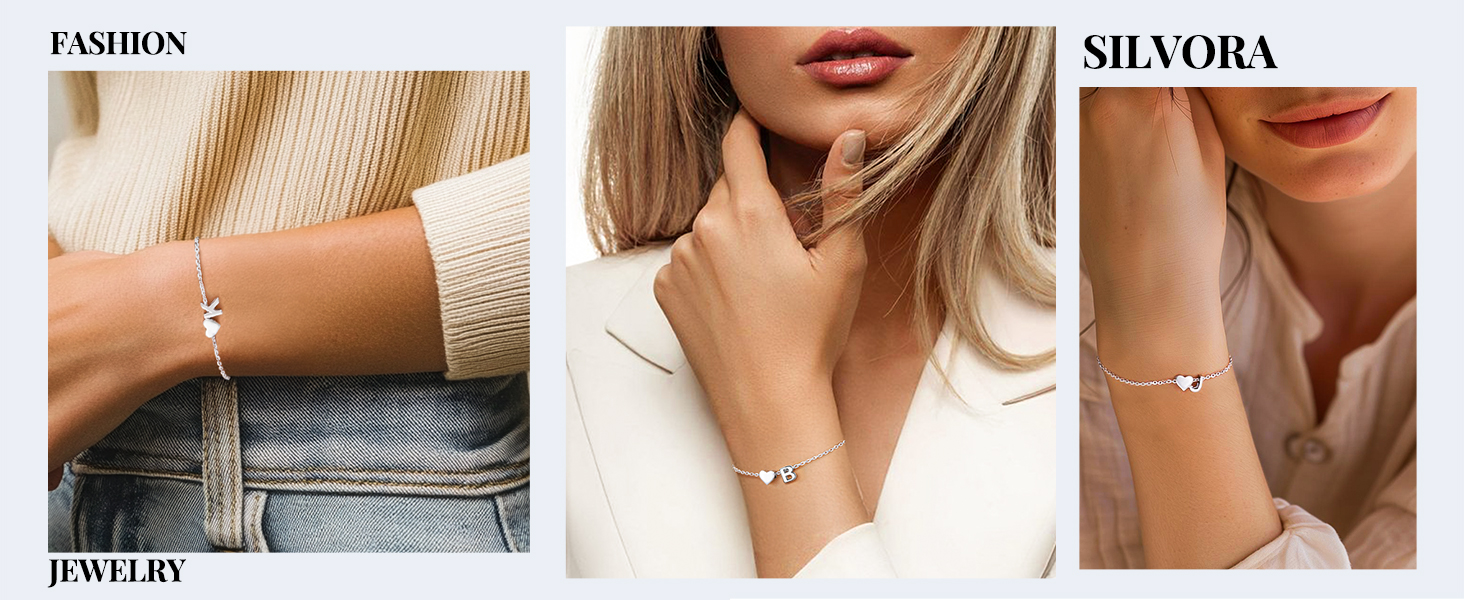 thumbnail video image 2 of Silvora Women's Sterling Silver Bracelets Heart & Alphabet Letter J Initial Bracelet Charm Jewelry Gifts for Her, 2 of 8