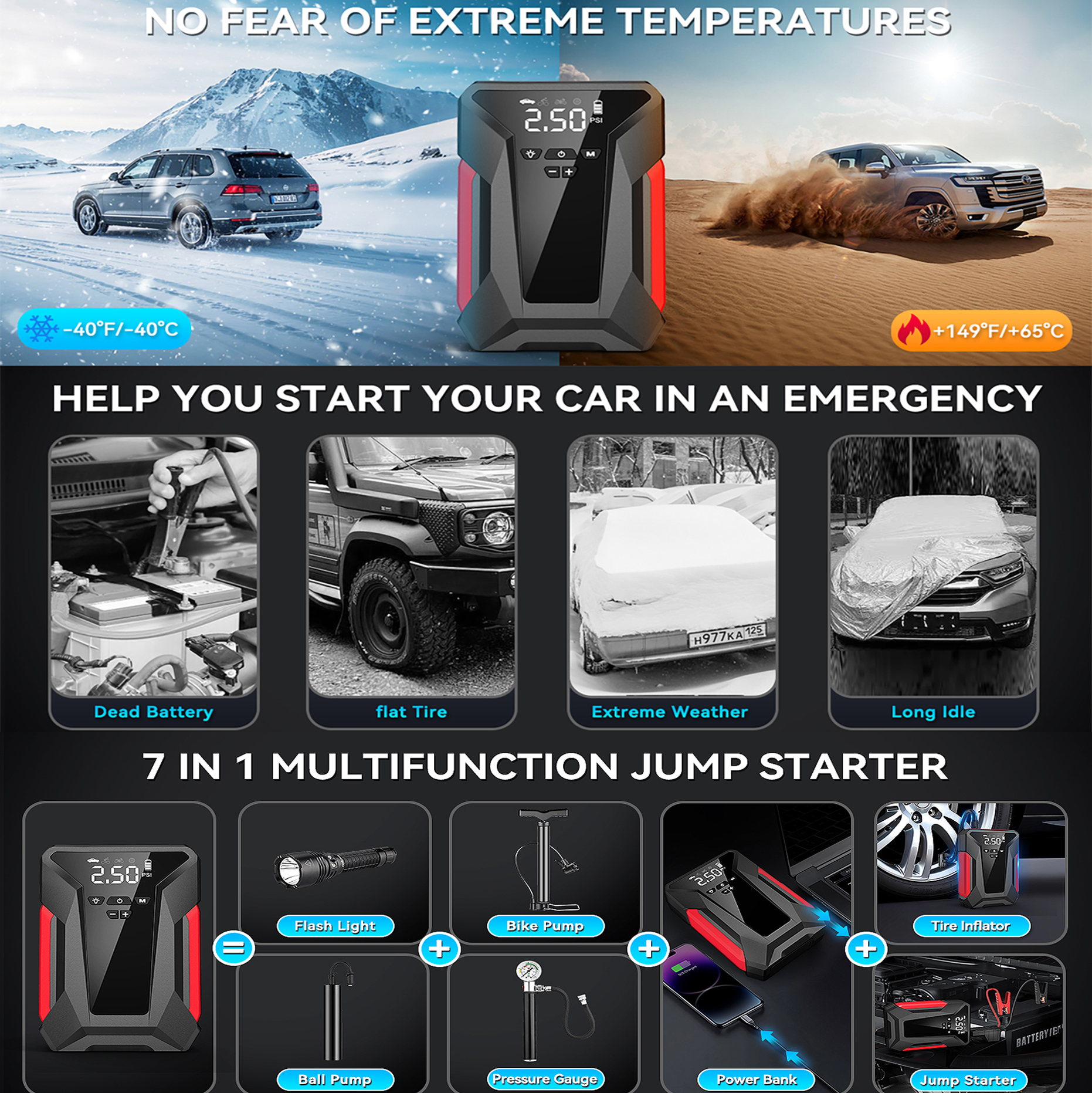 thumbnail video image 2 of 8-in-1 Emergency Jump Starter & Tire Inflator – 4000A Peak for Gas/Diesel Engines, 150PSI Auto-Stop Air Compressor, LED Light + Power Bank | All-Climate (-40°F) Roadside Savior, 2 of 13