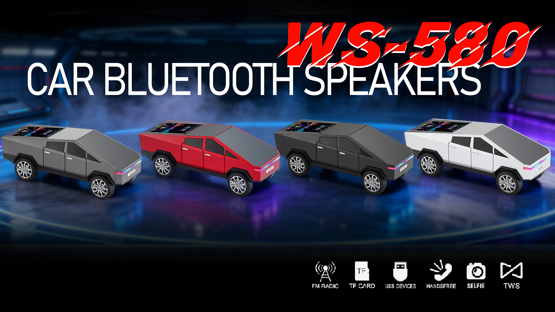 thumbnail video image 2 of WSTER WS-580 Truck Bluetooth Speaker, Father’s Day Gift for Dad & Truck Lovers. Portable wireless speaker with FM, TWS, LED, hands-free call & TF/USB, ideal for home and outdoor use., 2 of 10