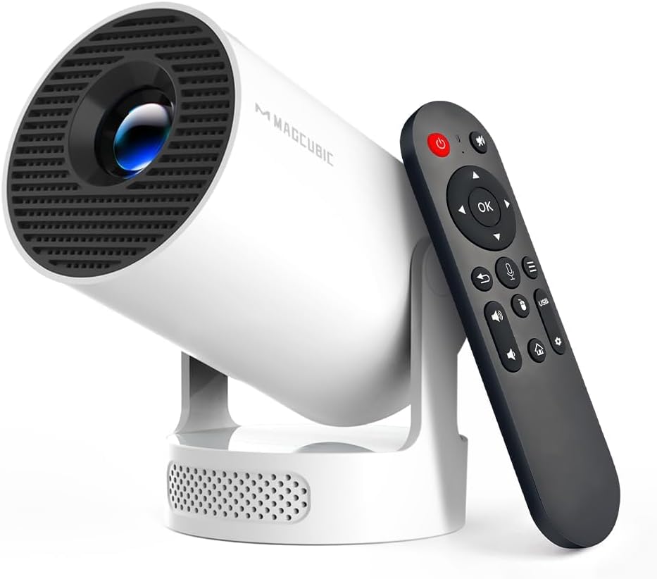 thumbnail video image 2 of Magcubic HY300Pro+ Upgraded Voice Control Smart Projector, 8K 1080P Supported, Android 14 WiFi6 BT 5.4, Auto Keystone 180°Freestyle Projector for Home Gaming & Outdoor, White, 2 of 12
