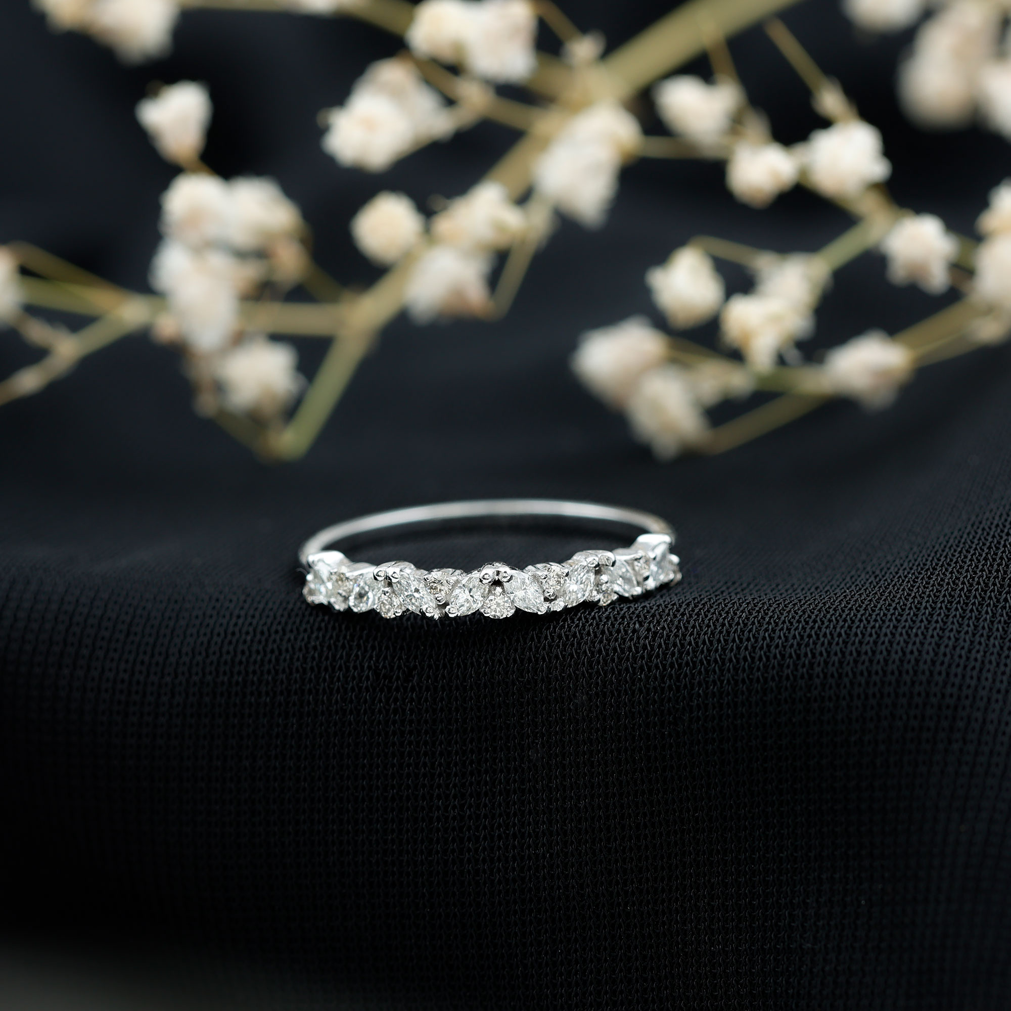 thumbnail video image 2 of Rosec Jewels Natural Diamond Anniversary Ring (HI-SI Quality) - Round and Marquise Diamond Half Eternity Ring - Ready to Gift, 14K Yellow Gold, US 9.00, 2 of 8