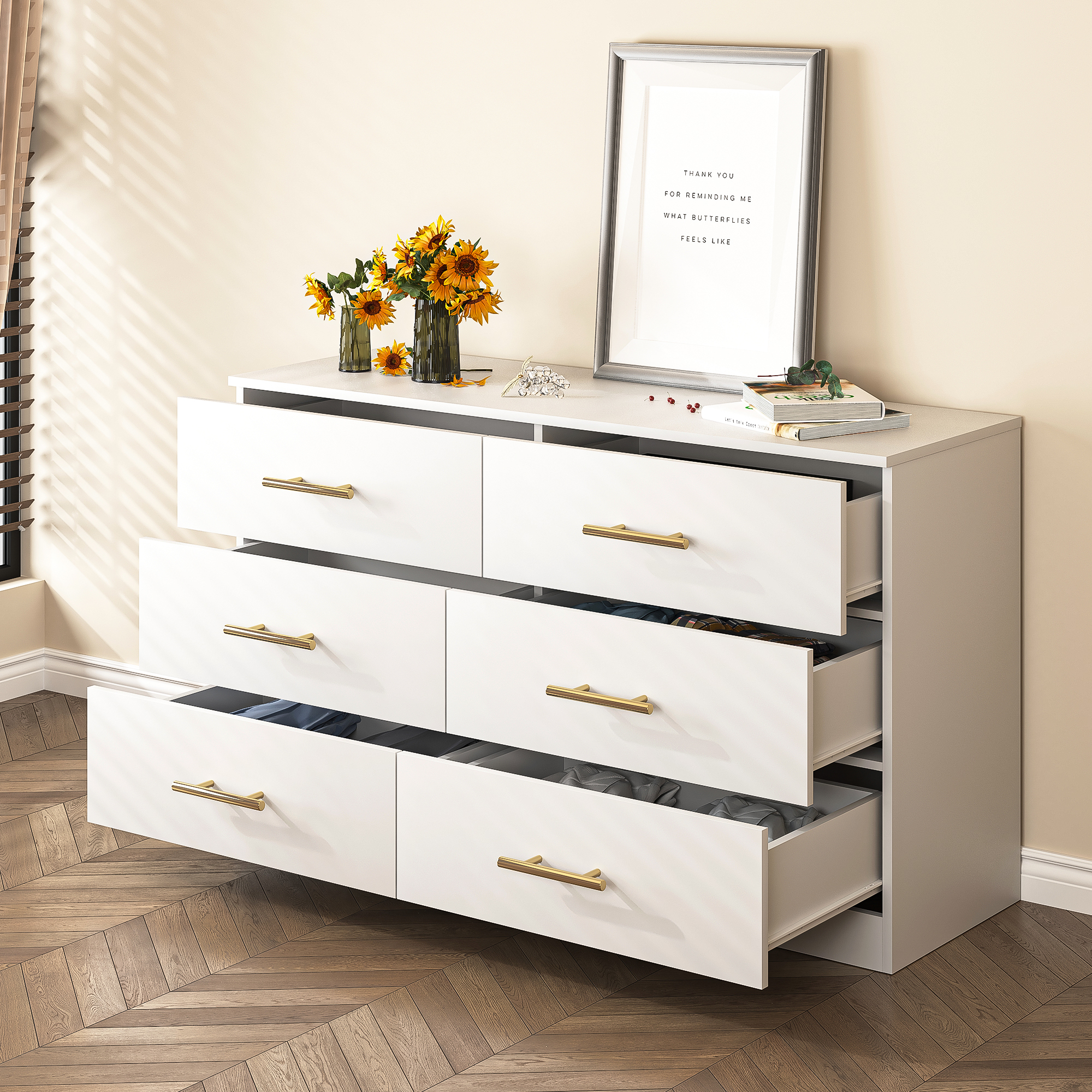 thumbnail video image 2 of Resenkos Storage Dressers Organizer for Bedroom, Wood 6 Drawers Dresser Chests, White, 2 of 8