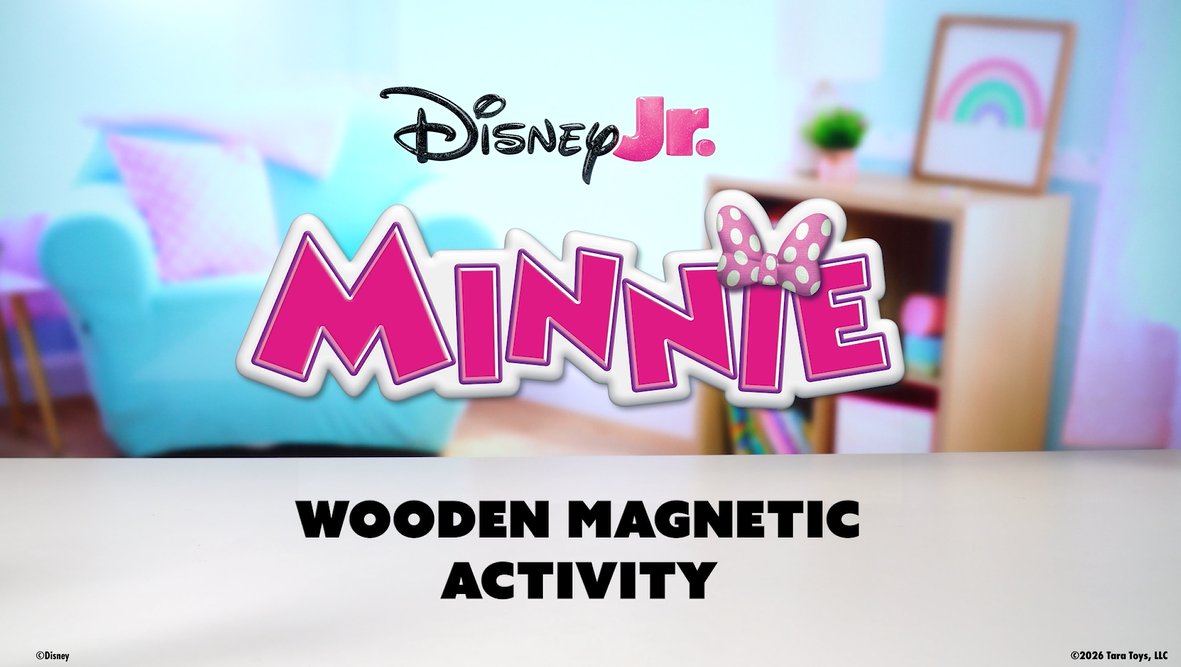 thumbnail video image 2 of Disney Jr. Minnie Mouse Wooden Magnetic Activity Set, Dress-Up Closet Case with Magnetic Outfits, Accessories, and Stickers, Ages 3+, 2 of 6