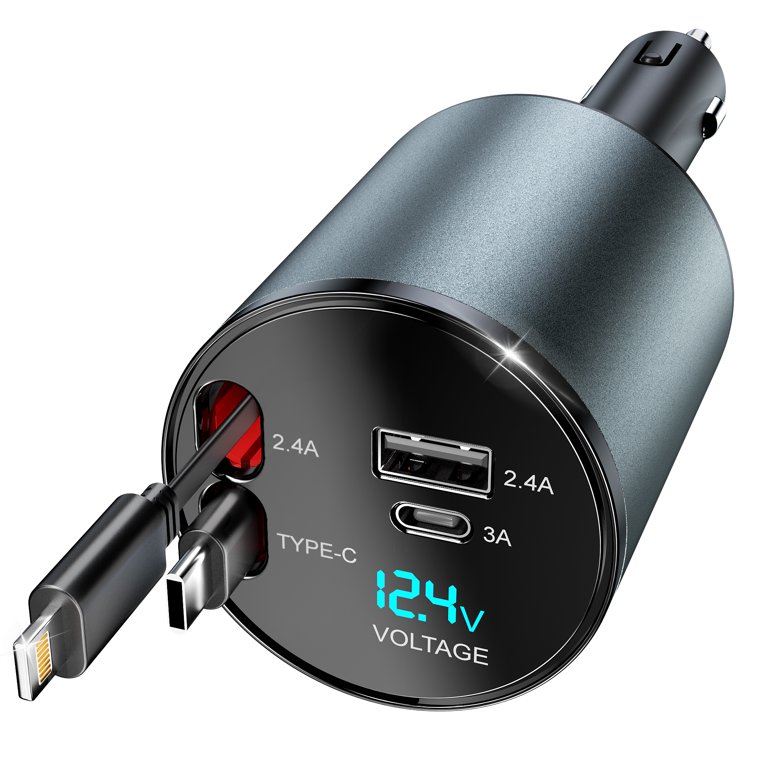 cigarette car charger for iphone Cshidworld Retractable and Type C Lighter Adapters, Abs+pc Black, Size: 139*65*34.5mm, Silver functional retractable cables 5 in 1 Car Charger