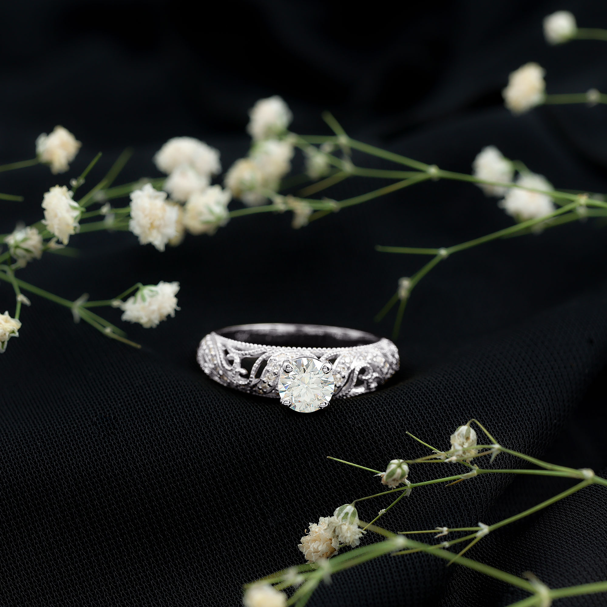 thumbnail video image 2 of Rosec Jewels Moissanite Engagement Ring 1 ct - Vintage Style Ring - 6 mm Round Ring for Women (D-VS1 Quality), 10K Yellow Gold, US 5.00, 2 of 8