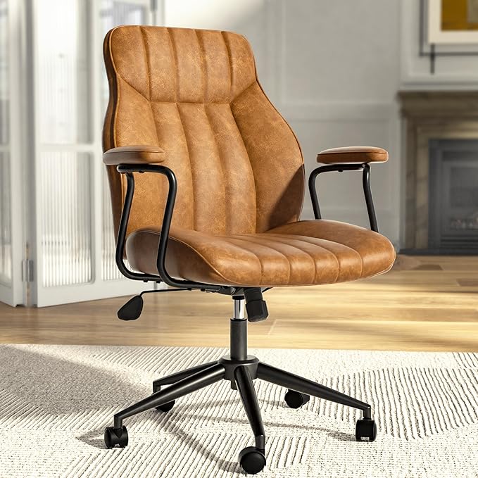 thumbnail video image 2 of Retro Faux Leather Office Chair, Ergonomic Swivel Desk Chair with Lumbar Support, Adjustable Height Computer Task Chair for Home Office, Study, Black, 2 of 7