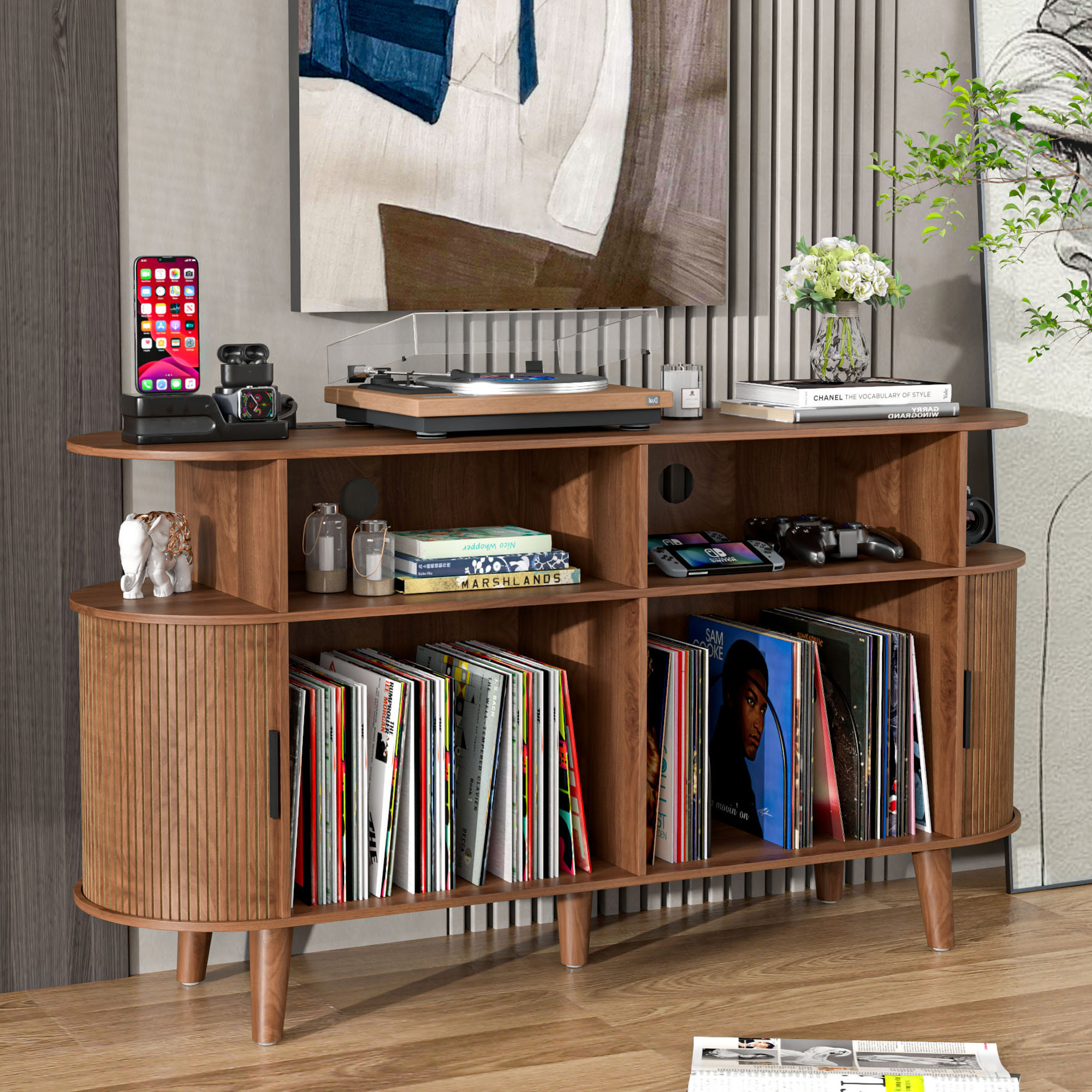thumbnail video image 2 of Furtivusia Record Player Stand with Charging Station & USB Ports, Vinyl Record Storage Cabinet with Wood Legs, Mid-Century Modern Turntable Stand for Living Room, Bedroom, Office, Walnut Color, 2 of 9