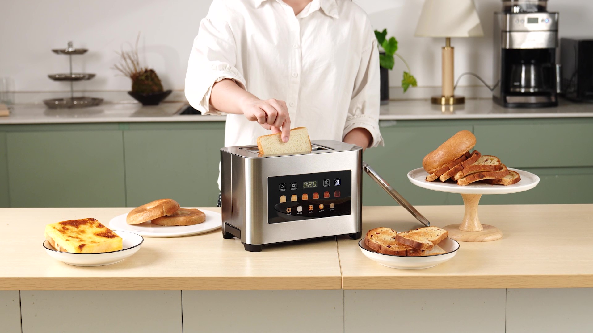 thumbnail video image 2 of 2 Slice Toaster with Dust Cover, Smart Touchscreen Toaster with Countdown Timer, Extra-Wide 1.57" Slots for Bagels & Thick Bread, 6 Browning Levels, Defrost & Reheat, Stainless Steel, 2 of 11