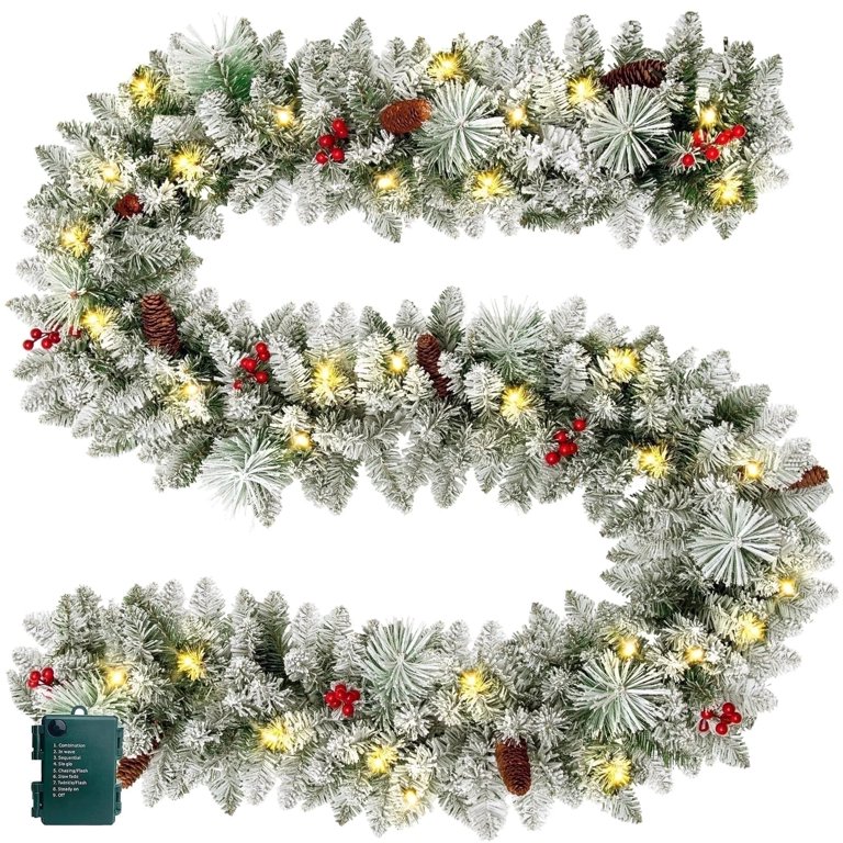 9FT Pre-Lit Christmas Garland with LED Lights, Snow Flocked Xmas Garland for Outdoor Indoor Xmas Decoration Home Fireplace Front Stairs Railing Decor, Battery Operated