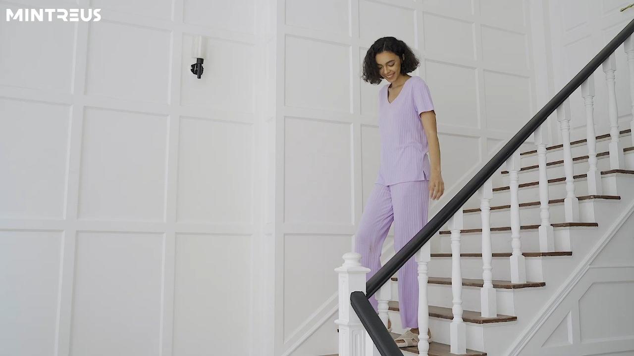 thumbnail video image 2 of MINTREUS Women's Ribbed Knit Pajama Set Soft Lounge Set Lightweight Sleepwear Two Piece Matching Outfits Set, 2 of 7