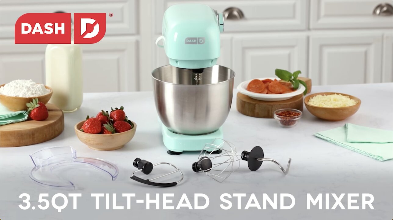 thumbnail video image 2 of Dash Tilt-Head Stand Mixer, 3.5 Qt, 12 Speeds, 3 Attachments, Cream, 2 of 7