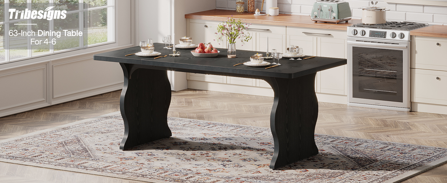 thumbnail video image 2 of Tribesigns Modern Dining Table for 4-6, 63-Inch Rectangular Wood Kitchen Table, Large Dinner Table Wooden Dining Room Table, Black, 2 of 9