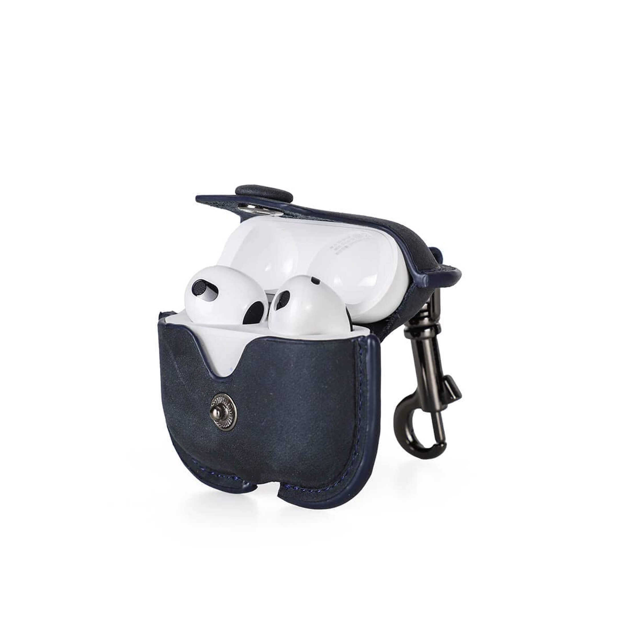 thumbnail video image 2 of Hiram Crazy Horse Cowhide Leather Portable Travel Case for 3rd Gen AirPods, Headphone Case (Blue), 2 of 7