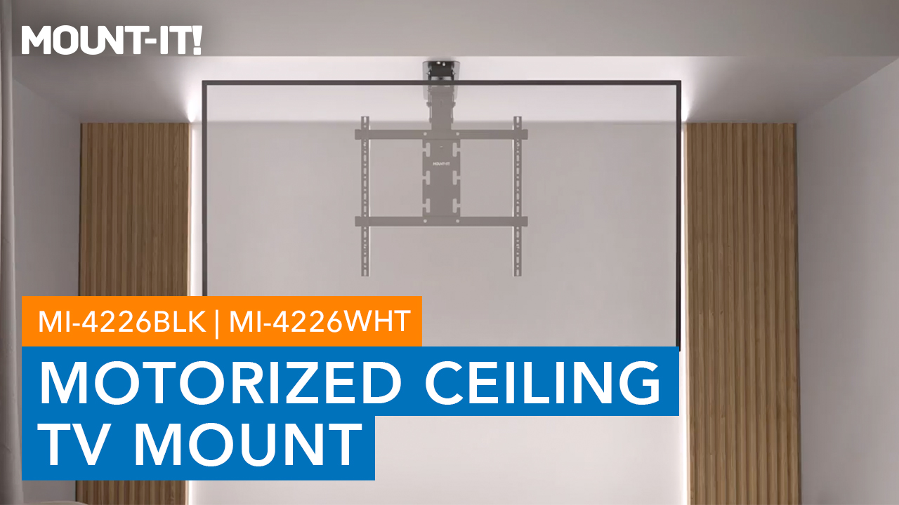 thumbnail video image 2 of Mount-It! Motorized Ceiling TV Mount – Silent Electric Flip Down TV Mount for 50’’-90’’ Screens, Retractable Drop Down Design, RF Remote, VESA Compatible, 88 lbs Capacity, White, 2 of 16