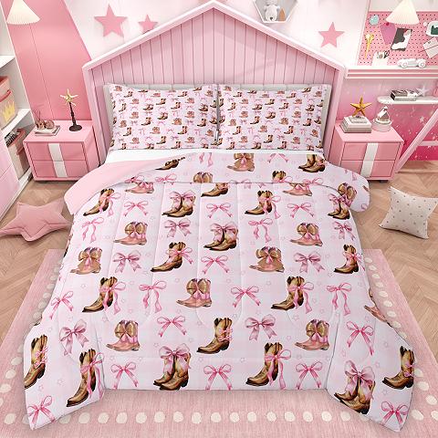 thumbnail video image 2 of Homewish Retro Cowgirl Boots Bedding Comforter Set,Cartoon Bowtie Ribbon Twin Comforter Sets,Rustic Farmhouse Cabin Bedding Set For Girls Kids,Breathable Home Decor Reversible,2 Pieces, 2 of 9