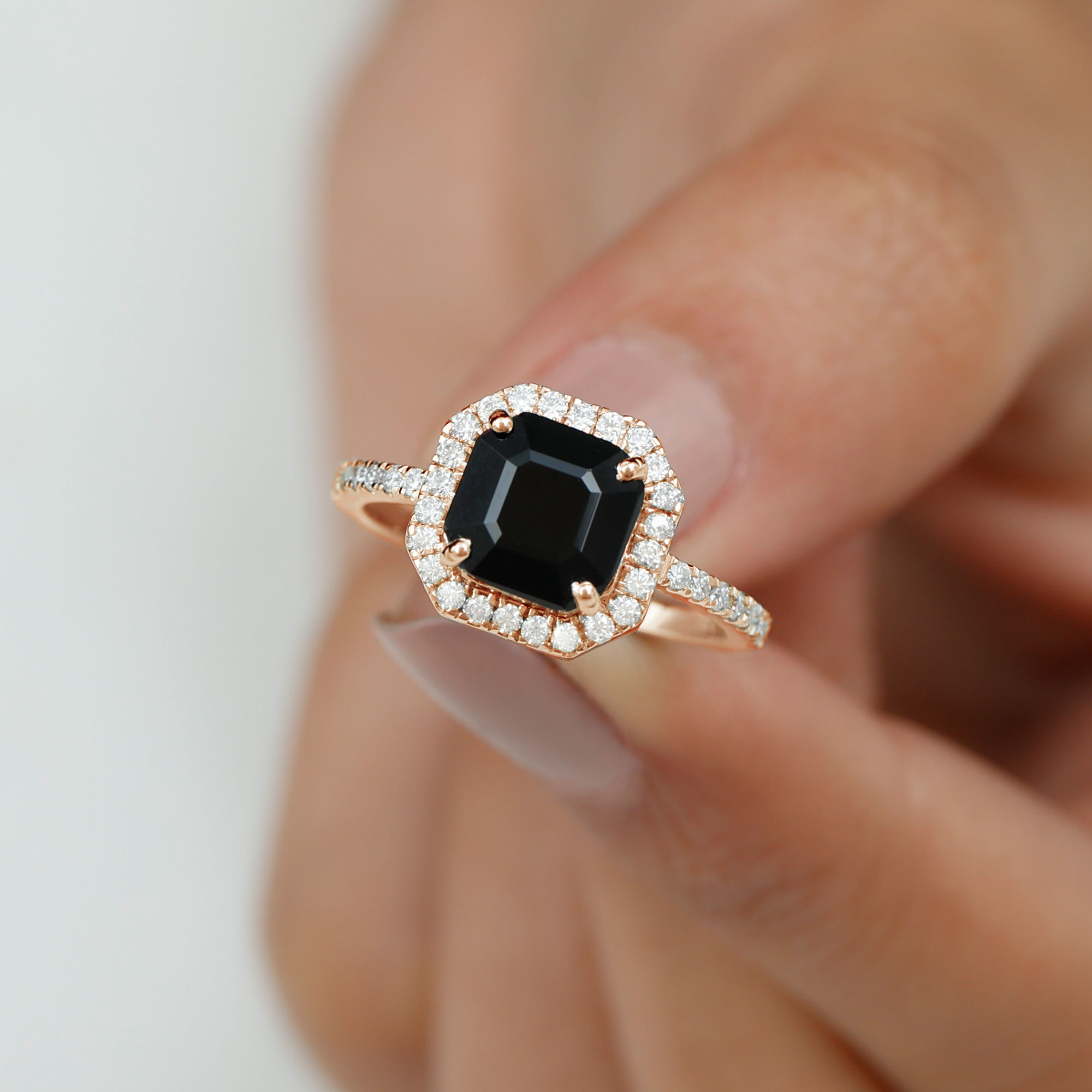 thumbnail video image 2 of Rosec Jewels Black Onyx Asscher Cut Engagement Ring with Halo - AAA Quality Black Onyx and Diamond Ring - with Jewelry Box, 18K Yellow Gold, US 3.00, 2 of 9