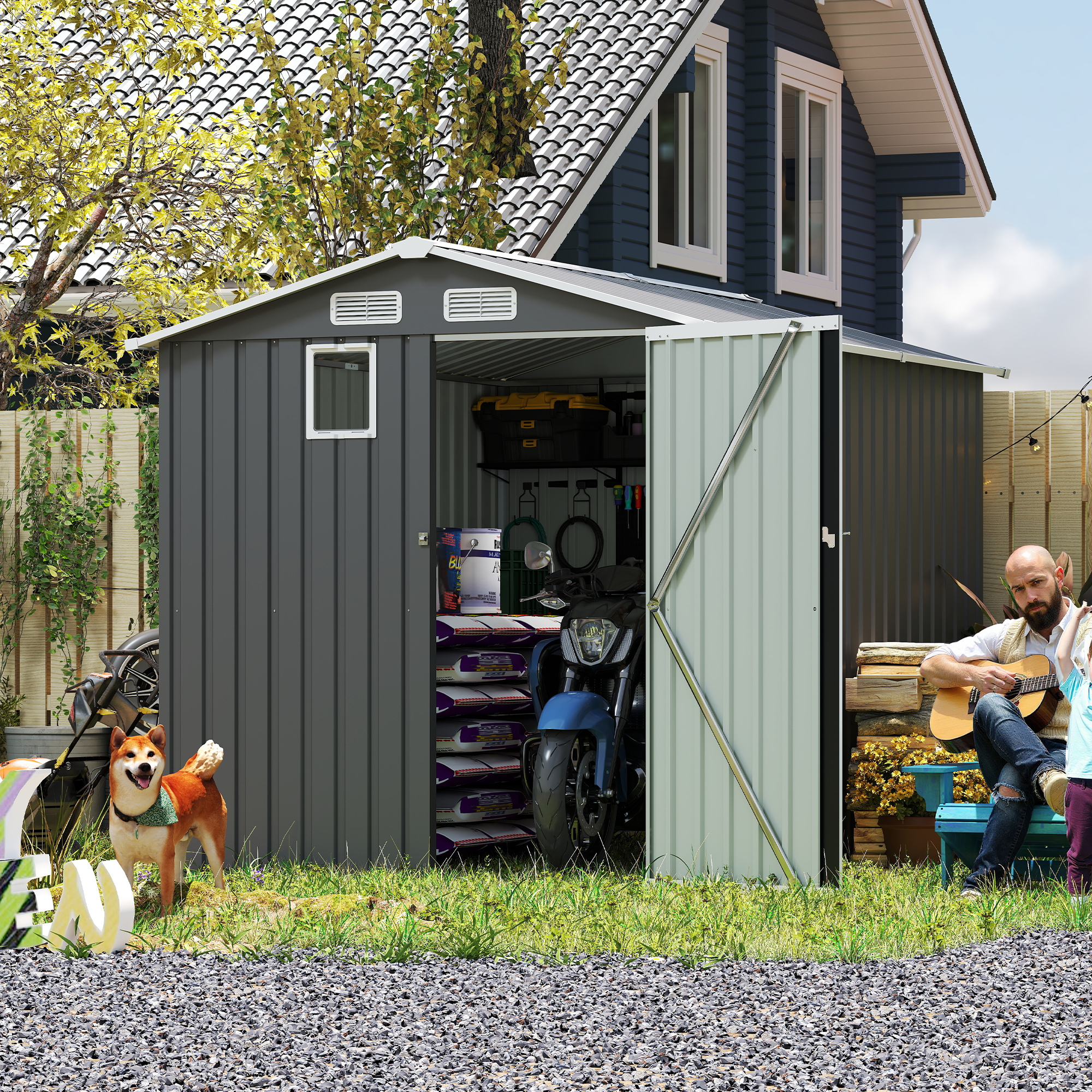 thumbnail video image 2 of 6x8 FT Outdoor Storage Shed - Compact Steel Tool Shed with Lockable Doors, 4 Louver Vents & Window, All-Weather Metal Garden Shed for Bike, Lawn Tool Storage (Dark Grey), 2 of 27