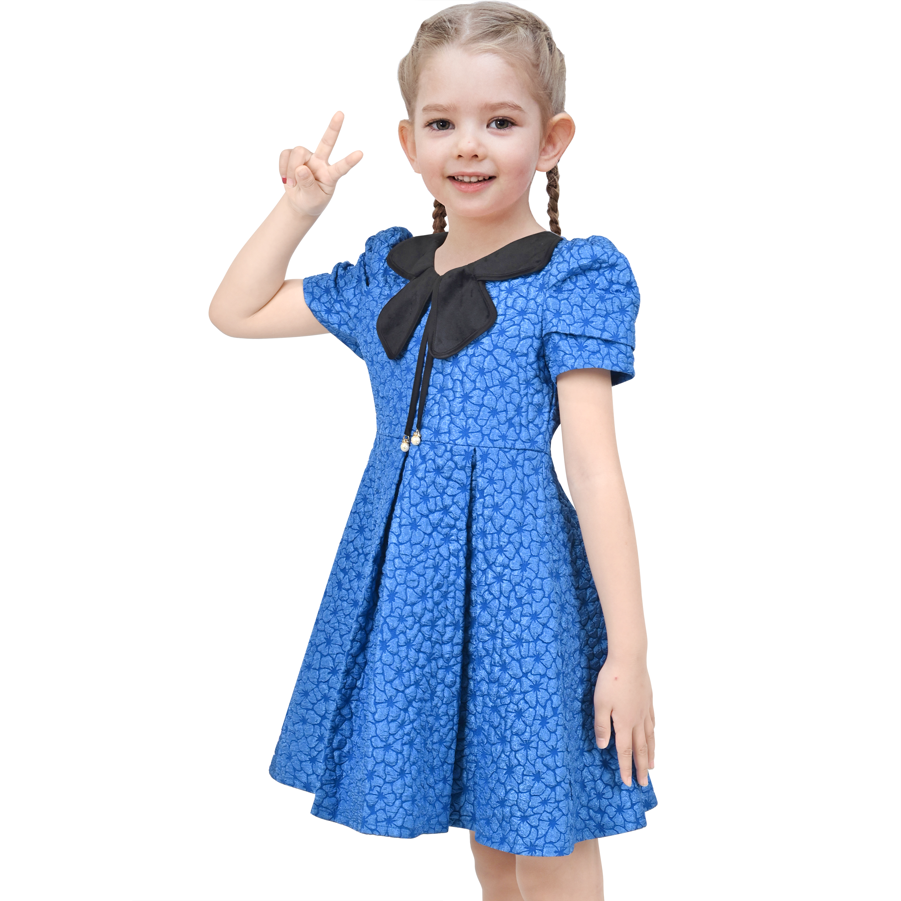 thumbnail video image 2 of Girls Dress Blue Floral Bow Tie Black Collar Short Sleeve Pleated Party 4 Years, 2 of 8