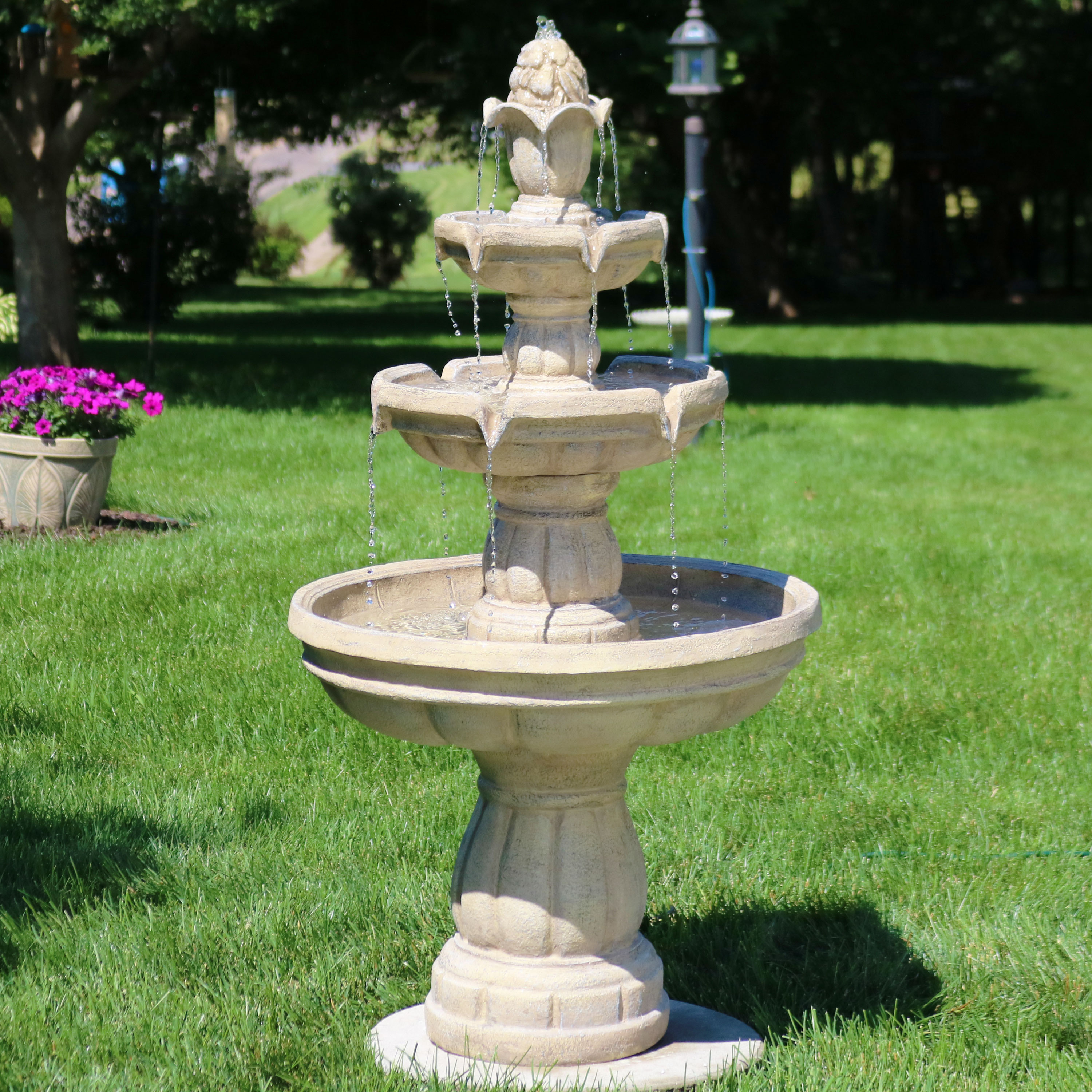 thumbnail video image 2 of Sunnydaze Traditional Light Brown Fiberglass 3-Tier Outdoor Water Fountain, 2 of 14