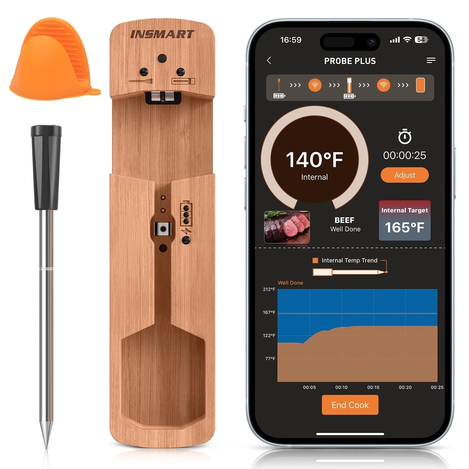 thumbnail video image 2 of INSMART Wireless Smart Meat Thermometer,330FT Bluetooth Range,100% Waterproof,Precision Cooking Grilling,Multi Sensors,for BBQ,Oven,Grill,Kitchen,Smoker, Rotisserie Turkey Beef/iOS & Android App, 2 of 9