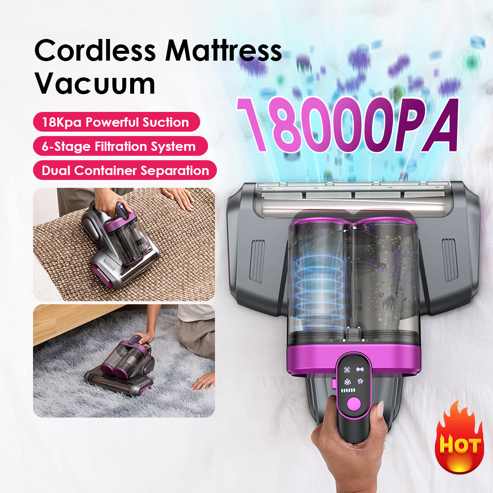 thumbnail video image 2 of Cordless Mattress Vacuum, 18Kpa/30Mins Bed Vacuum Cleaner with HEPA Filter, UV-C Light, and Ultrasonic Tech, 2 of 8