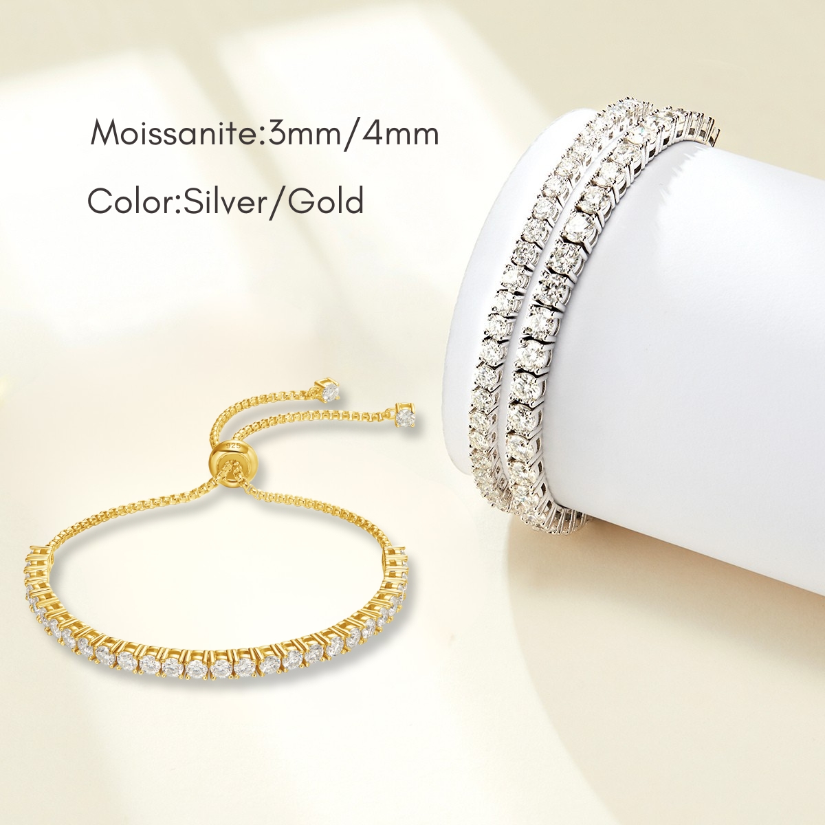 thumbnail video image 2 of LOVE&LOVE Moissanite Tennis Bracelets for Women Adjustable 3MM Simulated Diamond Bracelet 18K White Gold Plated Silver Jewelry Gift for Her, 2 of 10