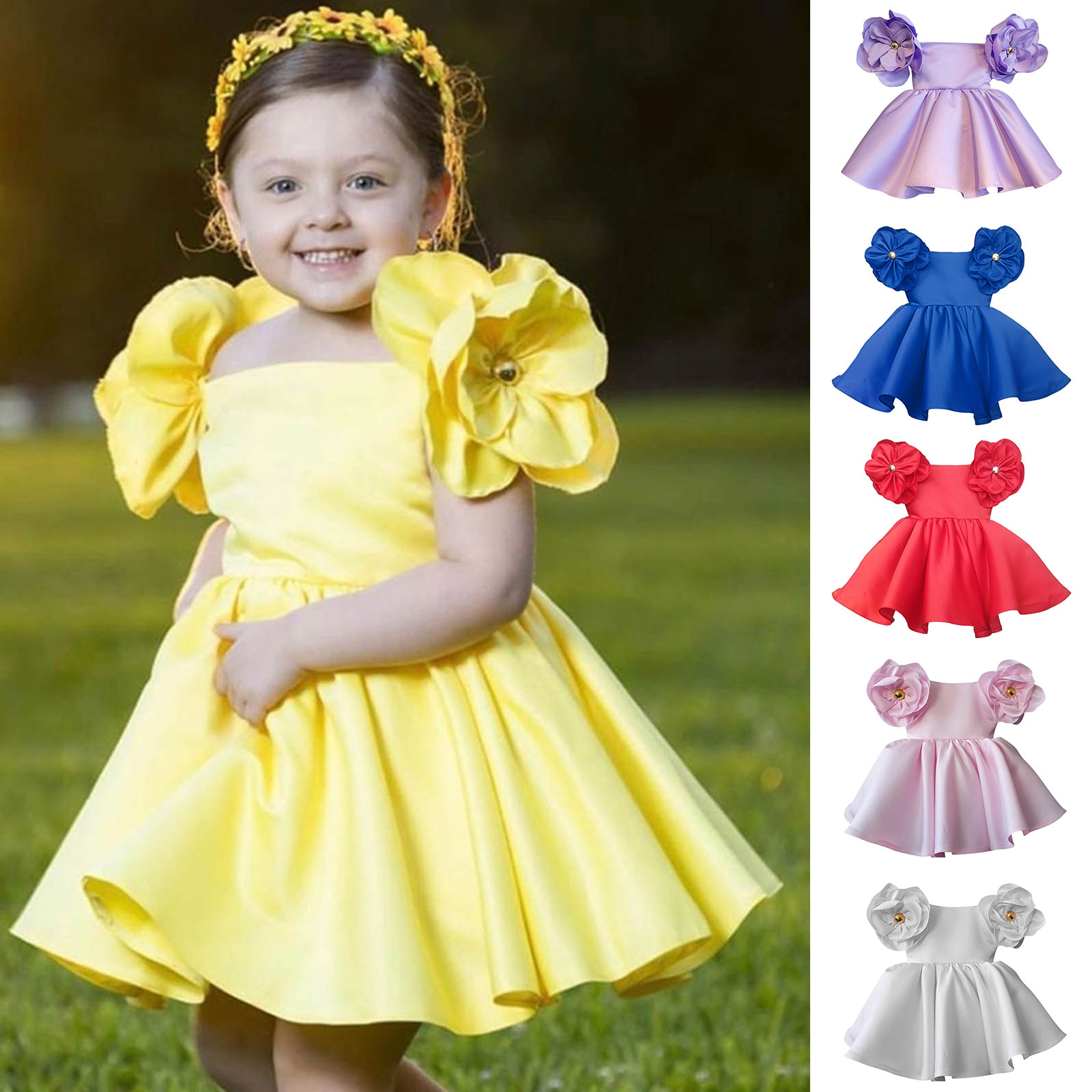 thumbnail video image 2 of WREESH Toddler Girls Birthday Party Gowns Retro 3D Flowers Dress Kids Solid Color Short Sleeve Dresses Baby Clothes Blue, 2 of 5