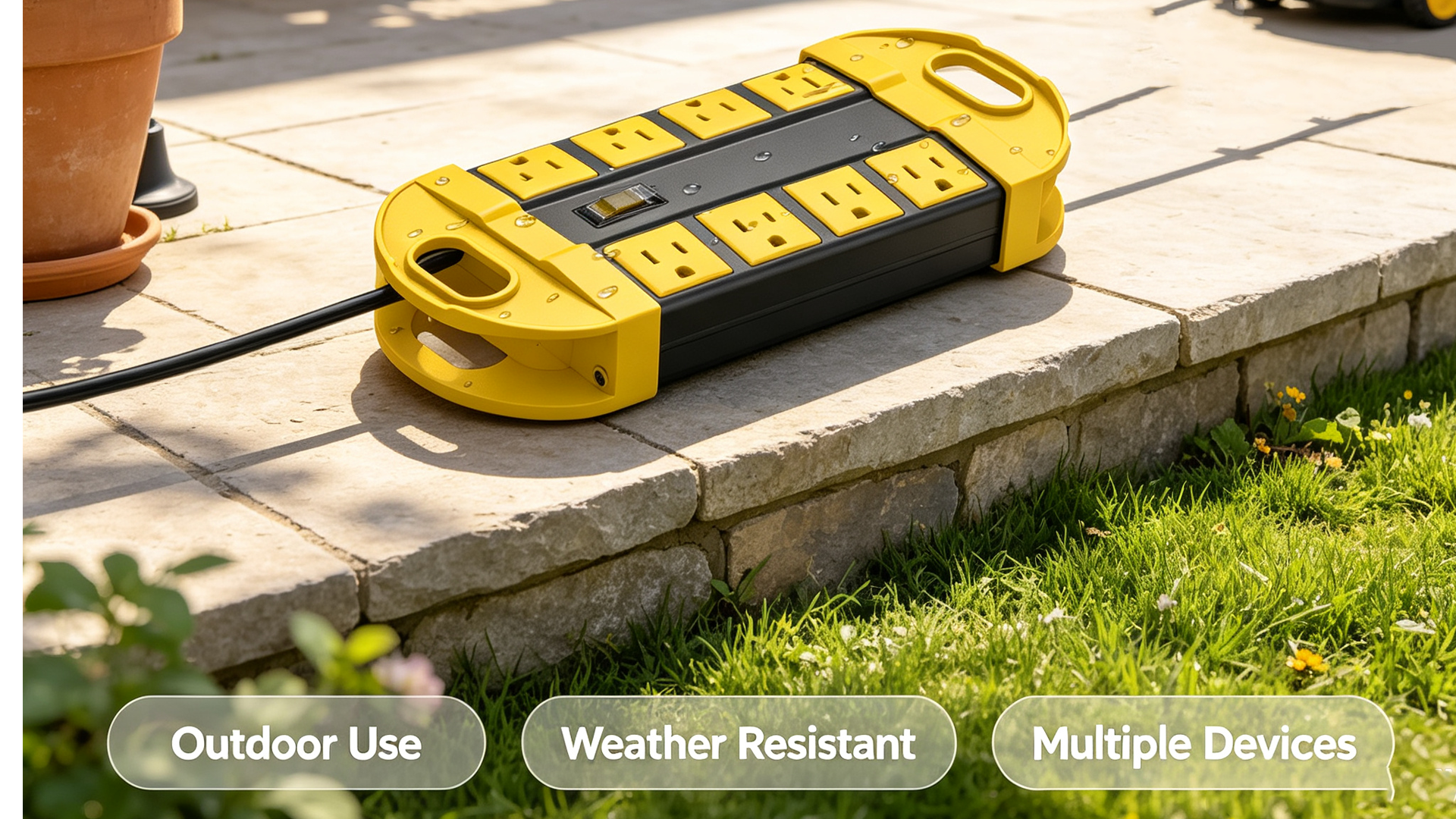 thumbnail video image 2 of VILONG Outdoor Power Strip Surge Protector,IPX6 Waterproof,1200J,6ft Extension Cord Multi Outlet,Flat Plug,ETL Listed for Yard,Garden,Camping, 2 of 9