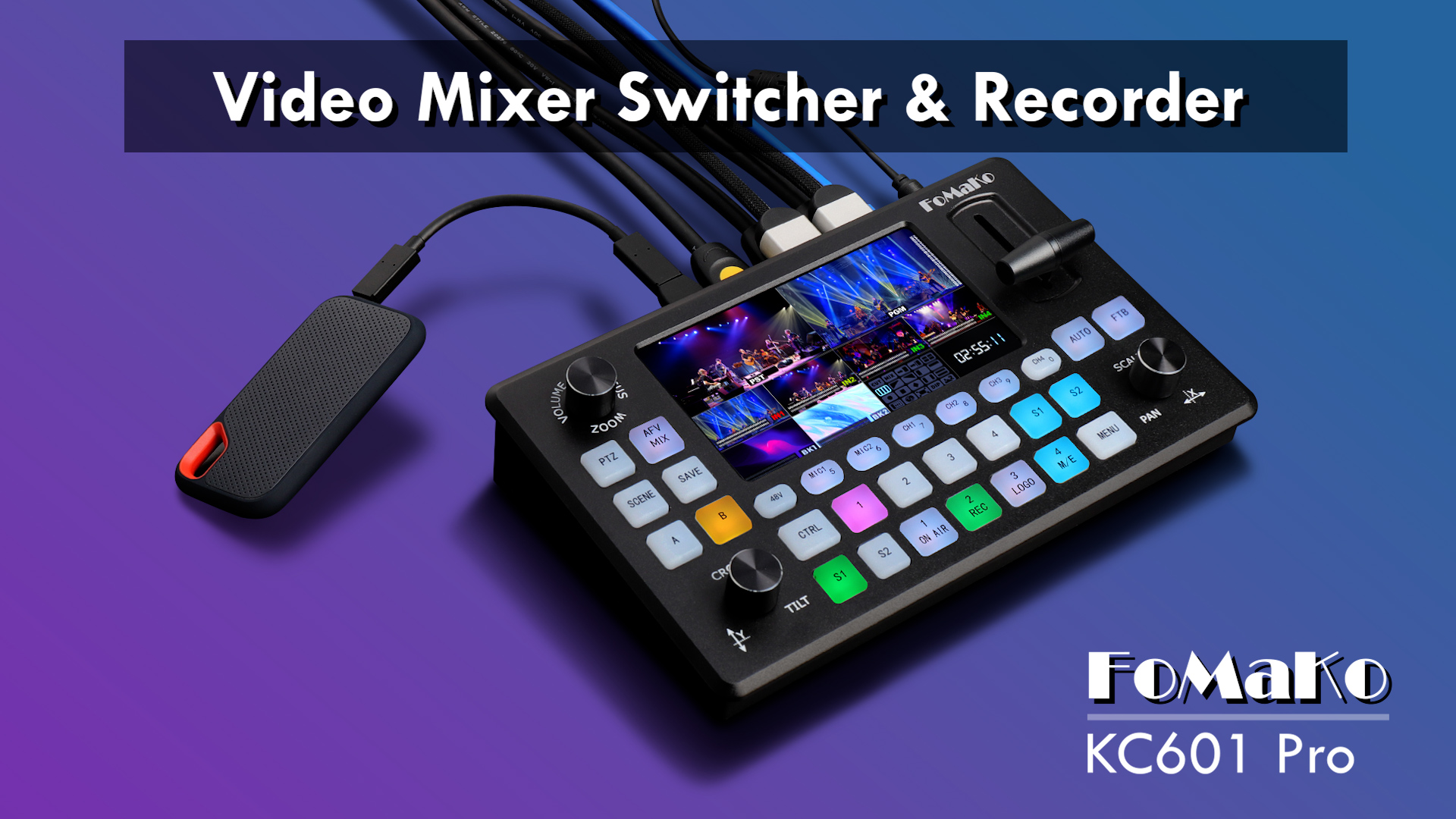 thumbnail video image 2 of FoMaKo Video Mixer Switcher 5.5 inch FHD LCD Screen 4-Channel HDMI Live Streaming Switcher 1080p 60FPS USB Recording USB3.0 Output PTZ Controller HDMI Video Switcher (KC601 Pro Black), 2 of 10