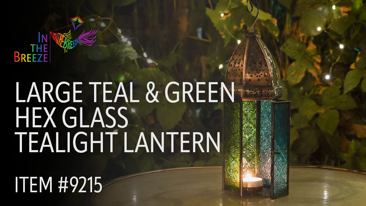 thumbnail video image 2 of In the Breeze 9215 — Teal & Green Large Hex Tealight Lantern — Moroccan-Style Boho Chic Tealight Glass and Metal Tabletop Lantern, 2 of 6
