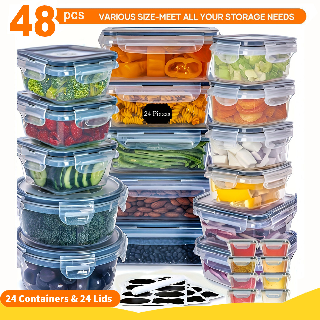 thumbnail video image 2 of 48Pcs BPA-Free Food Storage Set - 24 Airtight Containers & Lids with Labels for Pantry, Travel, Kitchen Organization, 2 of 7