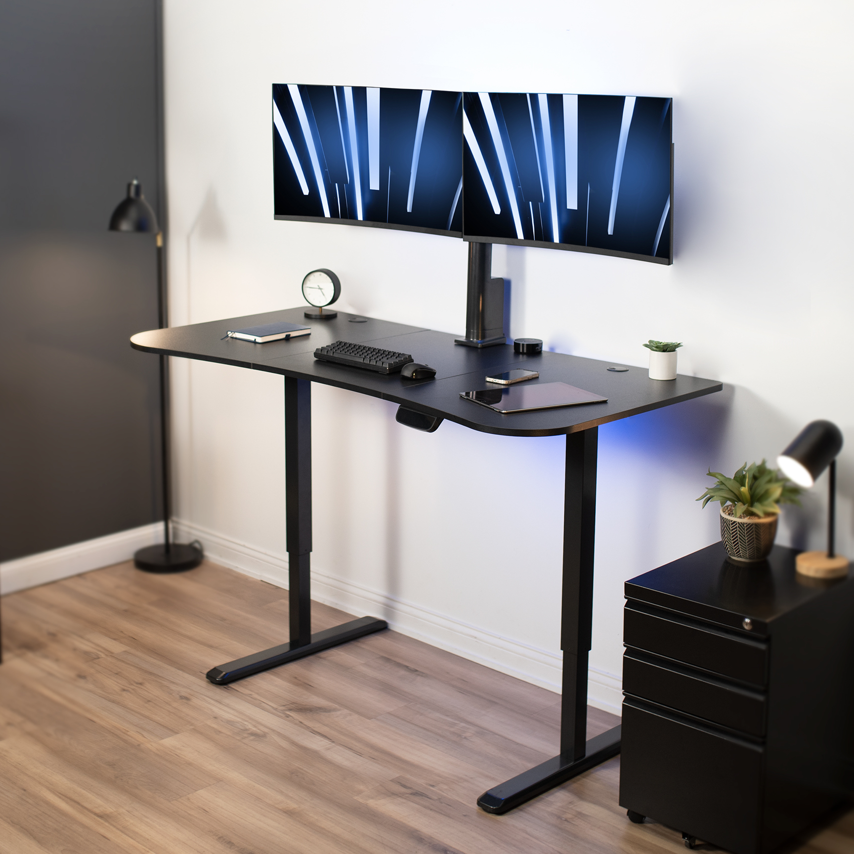 thumbnail video image 2 of VIVO Black 63" x 32" Electric Stand Up Desk with Motorized Dual Monitor Mount, 2 of 9