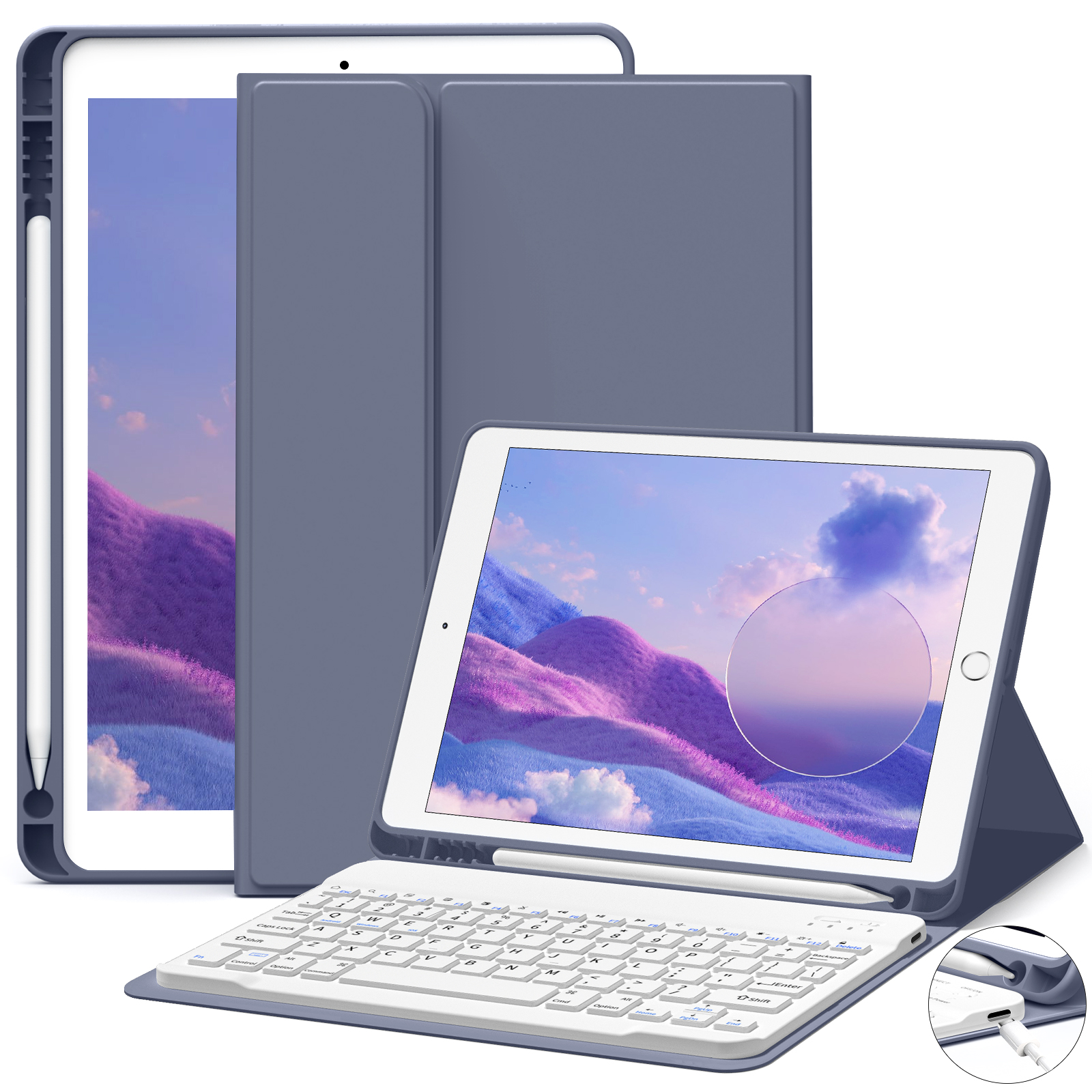 thumbnail video image 2 of ZKTUYU Keyboard Case for iPad 9th Generation 2021/8th Gen 2020/7th Gen 2019 10.2 Inch, Stand Folio Keyboard Cover with Pencil Holder, Magnetically Detachable Wireless Bluetooth Keyboard, Purple, 2 of 9