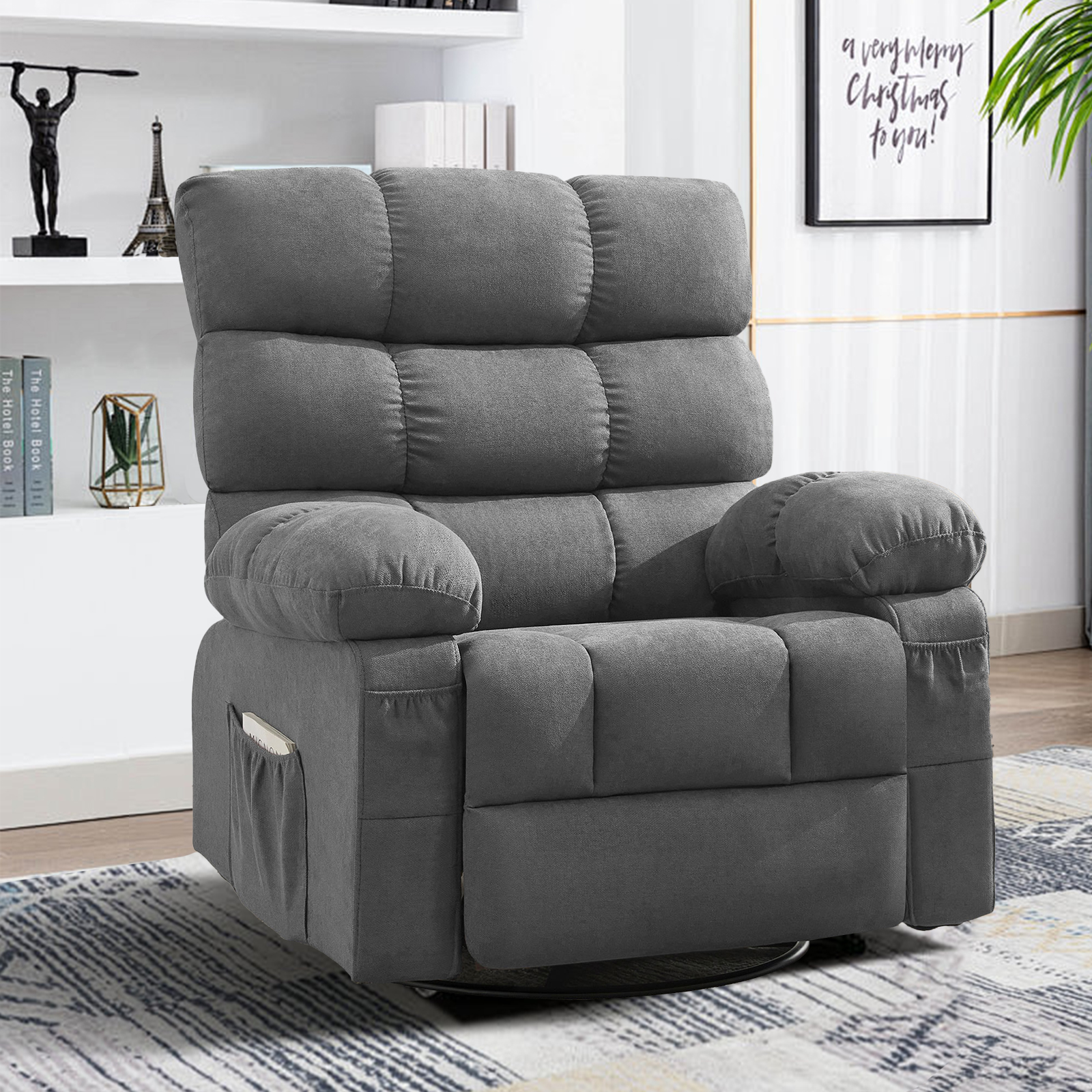 thumbnail video image 2 of JONPONY Swivel Rocker Recliner Chair, Ergonomic Lounge Chair for Living Room Theater,Small Spaces with Rocking Function,360° Swivel,Side Pocket,Gray, 2 of 12