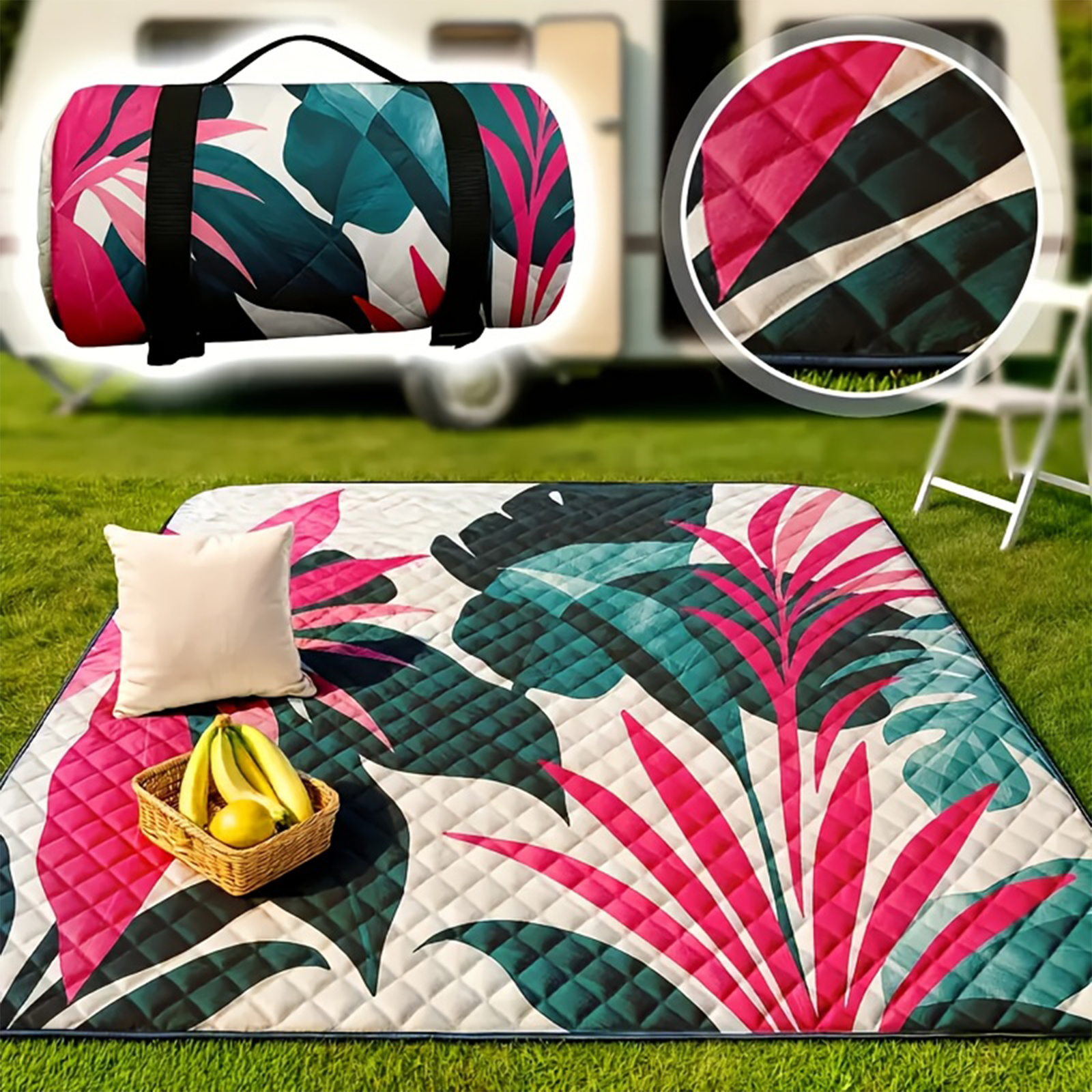 thumbnail video image 2 of Picnic Blanket with Handles, Triple-Layer Soft Design, Durable Fabric, Foldable, Ideal for Beach, Park, Camping, and Travel, Durable Fabric, 78 Inches, 2 of 11