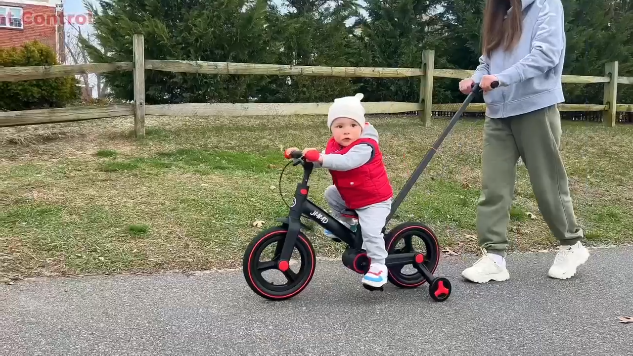 thumbnail video image 2 of JMMD Toddler Bike with Push Handle for Kid 18-60 Months, 6 in 1 Foldable Tricycle with Training Wheel, Pedals, Kid Balance Bike for Boy & Girl, Black, 2 of 10