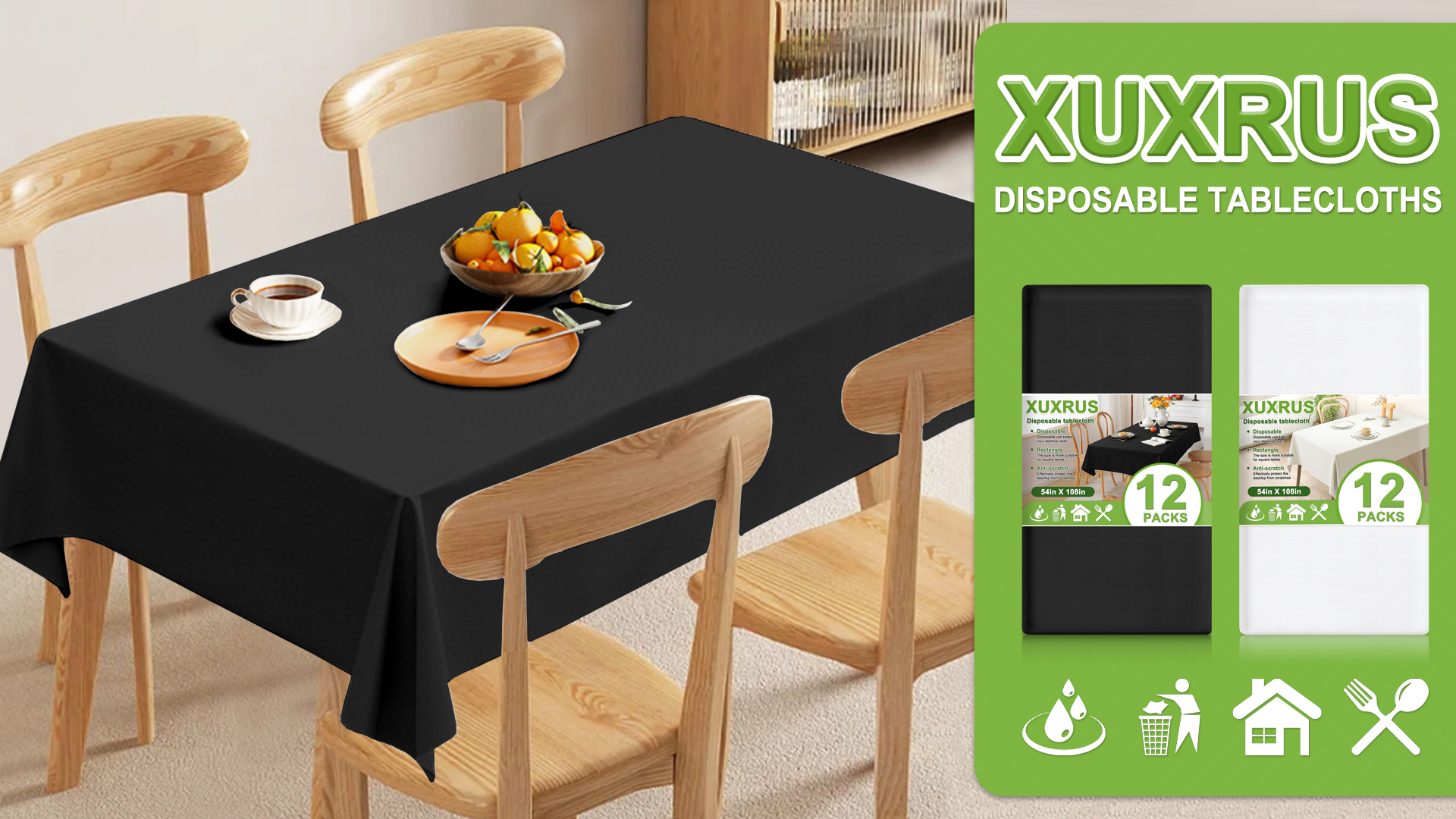 thumbnail video image 2 of XUXRUS Disposable Table Cloth,12 Pack, 54x108 Inch Decorative Plastic Tablecloth,Leakproof & Sturdy,Black, 2 of 8