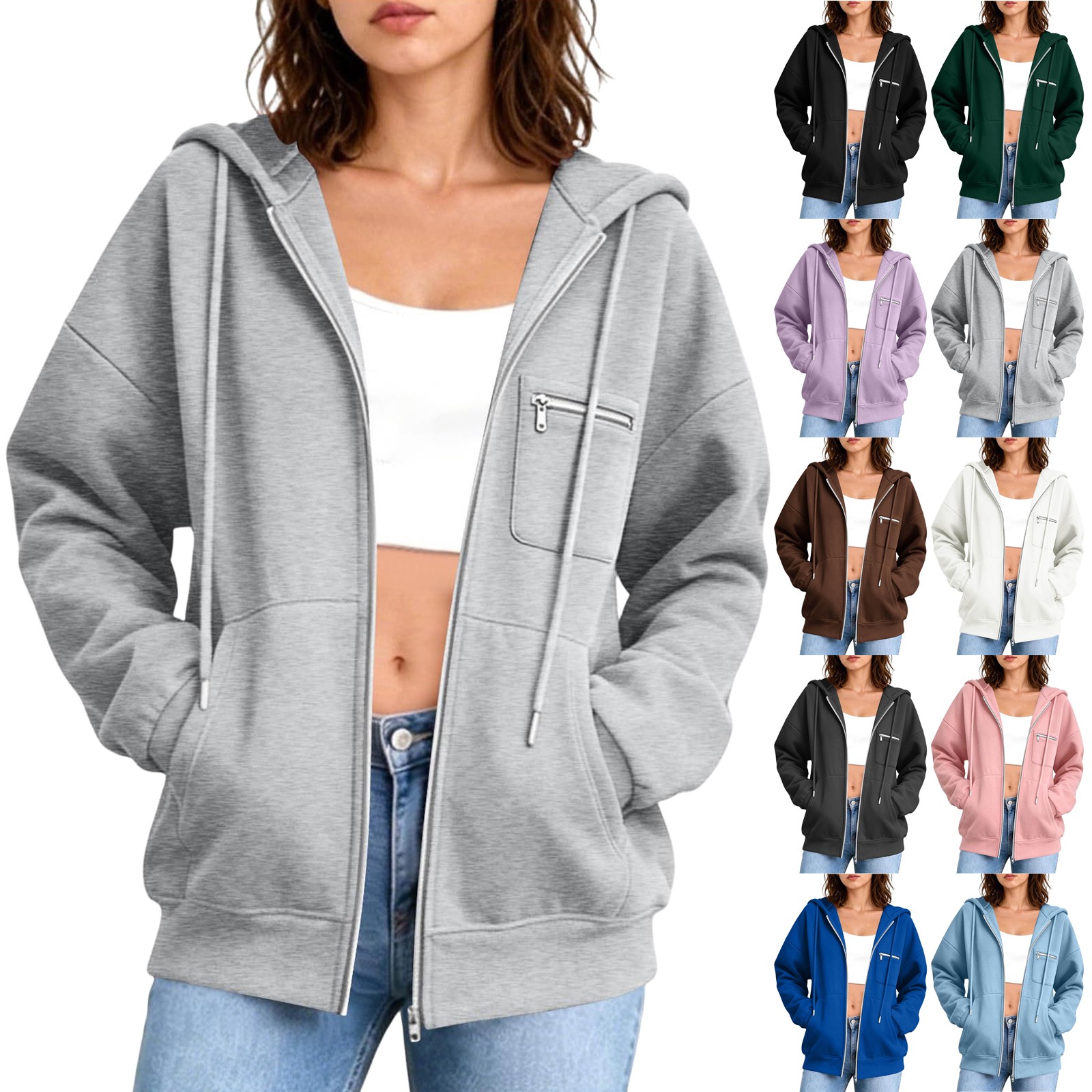 thumbnail video image 2 of RotHome Women's Oversized Zip Up Hoodie Long Sleeve Drop Shoulder Fleece Lined Cardigan Jacket with Zipper Pocket Casual Everyday Wear Blackish Green L, 2 of 10