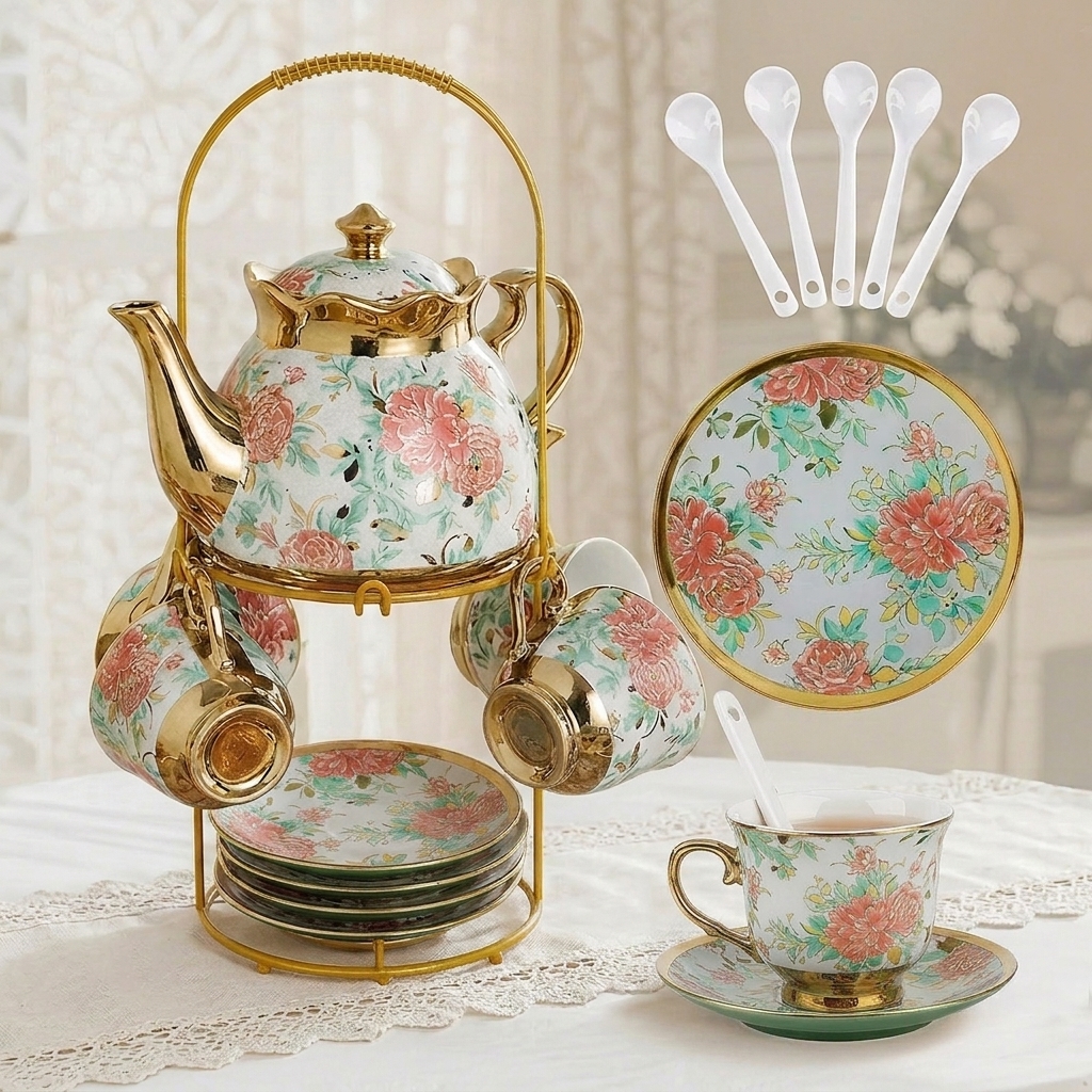 thumbnail video image 2 of &nbsp;HDUTNGISN 20Pcs European Porcelain Tea Set,Saucers with Metal Holderfor Women,Flower Tea Set,Full of red flowers, 2 of 12